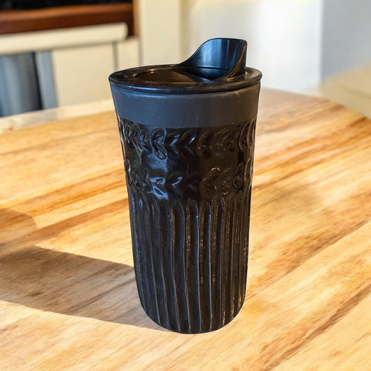 Handmade Hand Carved Black Travel Mug - Porcelain -  To Go Cup -  Travel Mug - Pottery Mug -  Mug