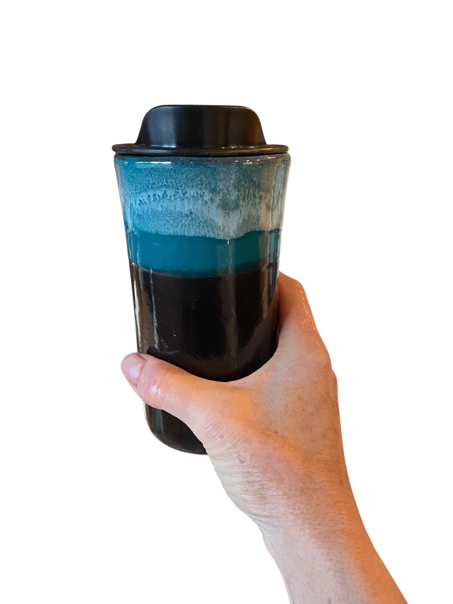 Handcrafted Turquoise & Black Porcelain Travel Mug - 16oz Ceramic Tumbler for Coffee and Tea