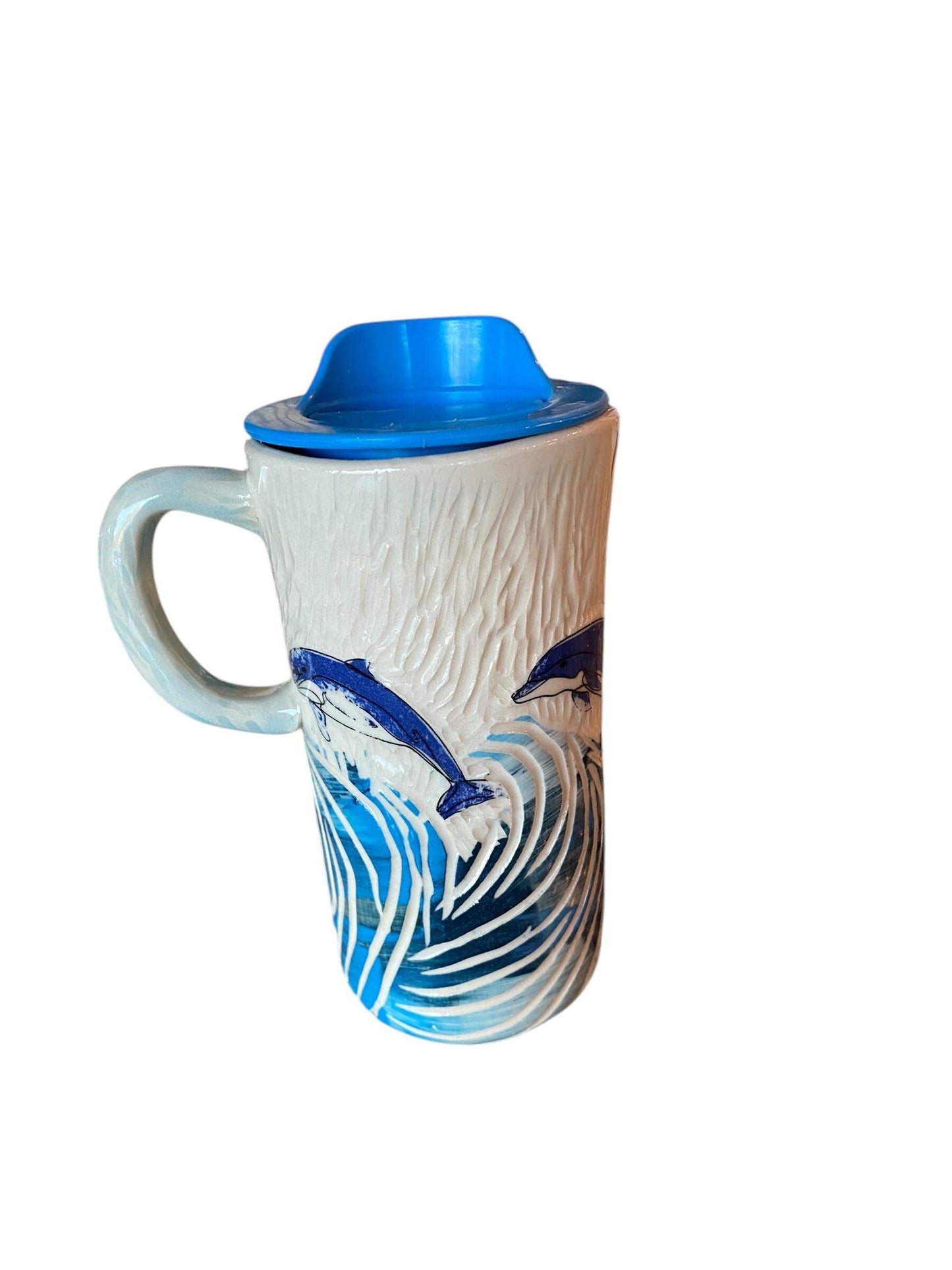 Handmade 16 Ounce Carved Dolphin Themed Travel Mug - Porcelain -  Travel Coffee Cup -  Travel Mug - Pottery Mug - Coffee Mug