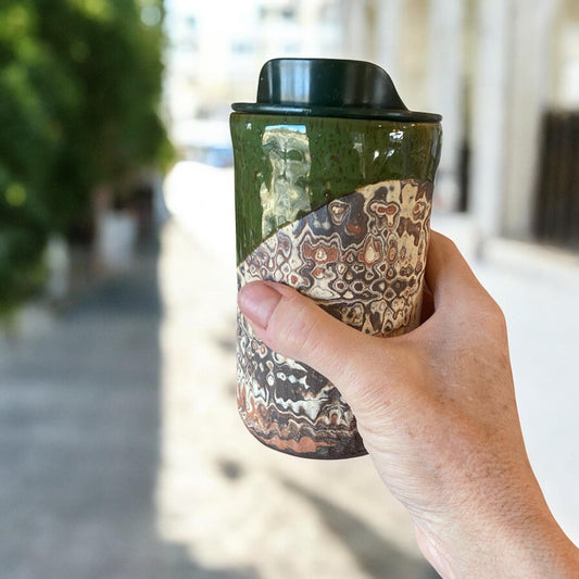 Agateware 14 Ounce Chrome Handmade Travel Mug with Lid - Stylish and Functional Pottery for Your Commute - Unique Travel Coffee Cup