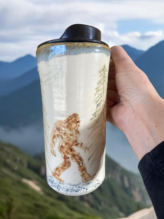 Handmade Hand-Painted Bigfoot and UFO Travel Mug- Pottery Mug -  Coffee Mug