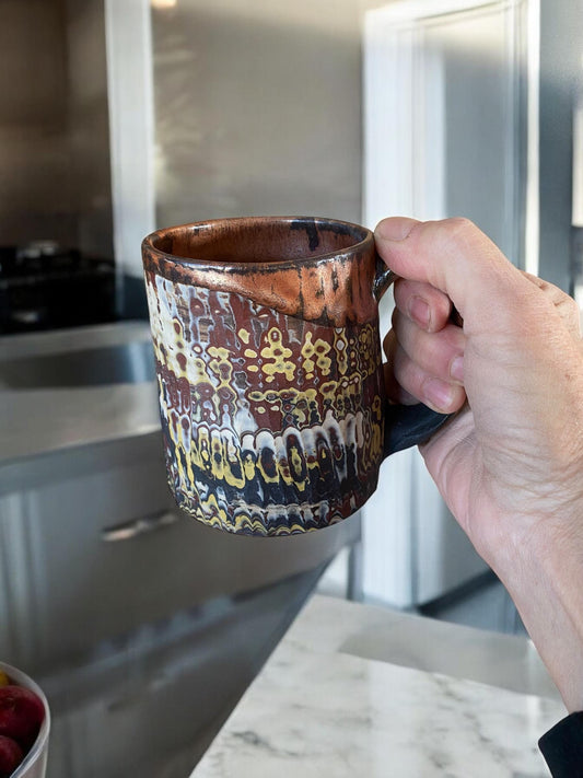 Large Handmade Agateware Mug Framed in a Copper Glaze - Black and White Marbled Mug - Unique Pottery Coffee Mug