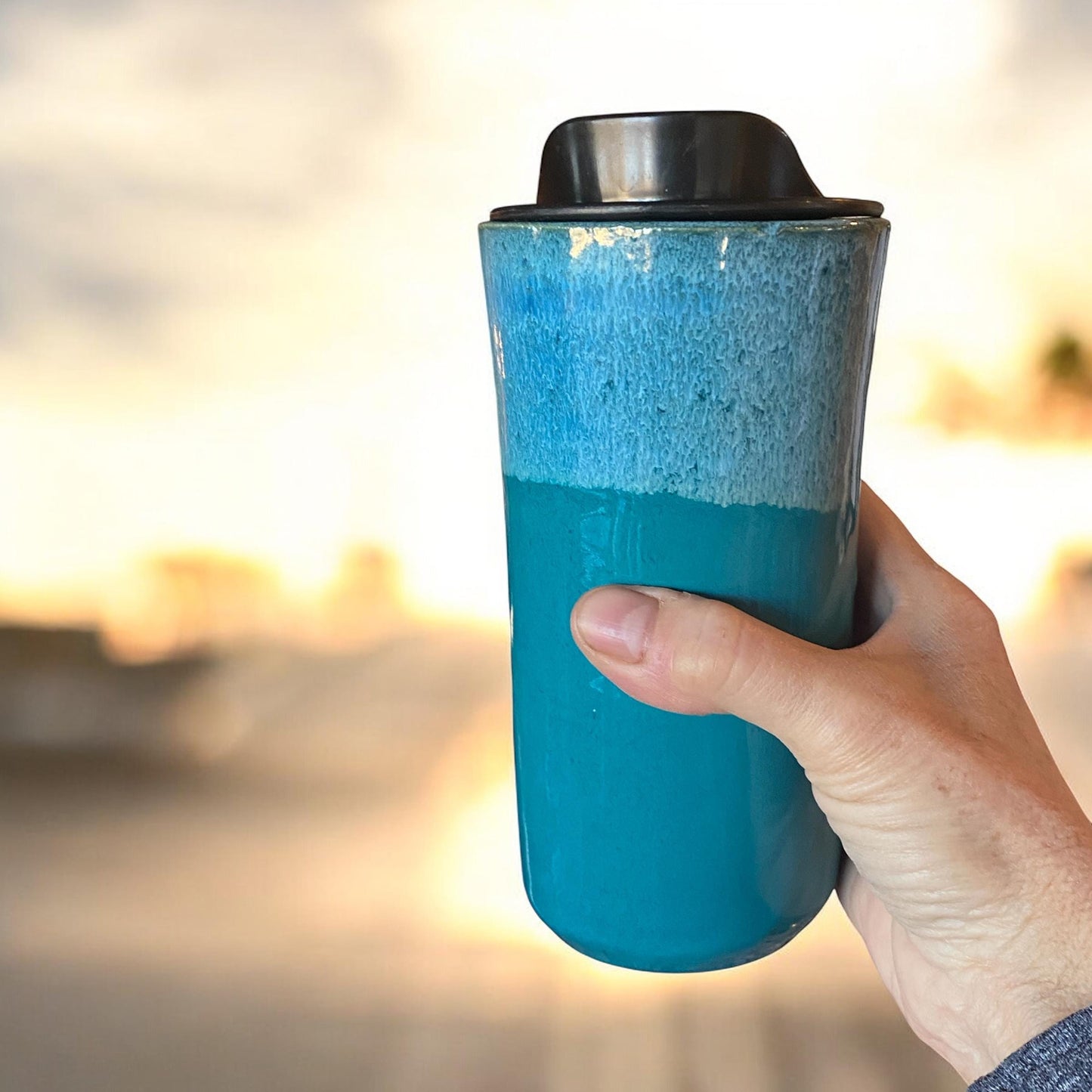 Handmade Turquoise Porcelain Travel Mug: Tree Design, Locking Lid