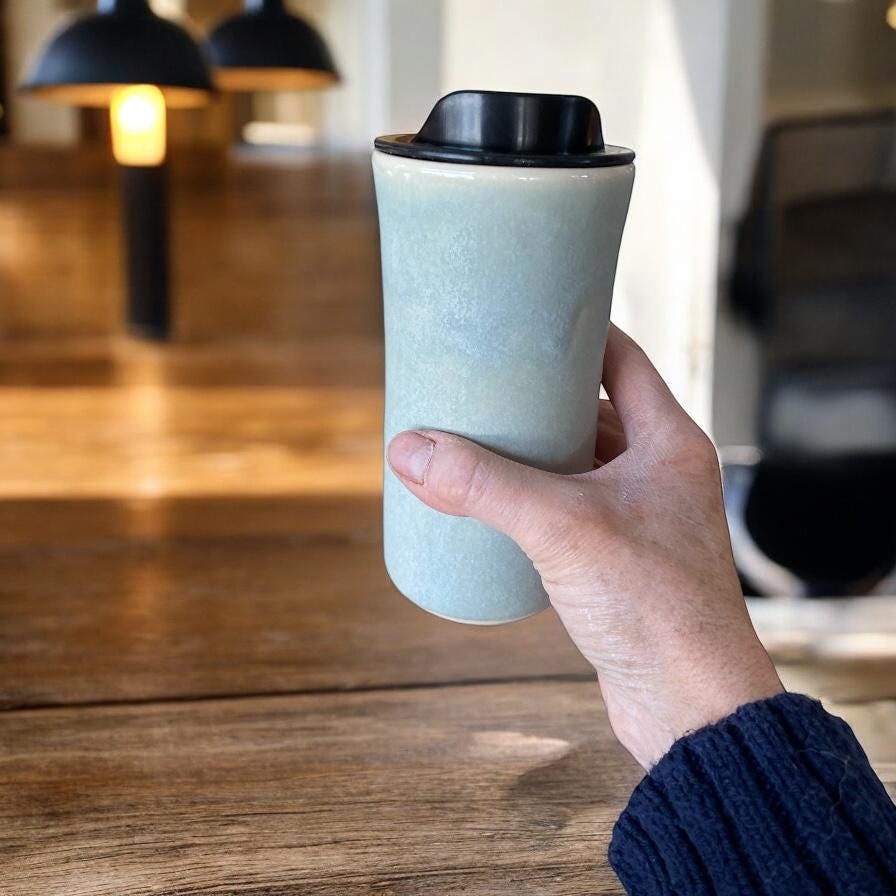 Handmade Matte Gray Porcelain Travel Mug with Lid - 16 oz