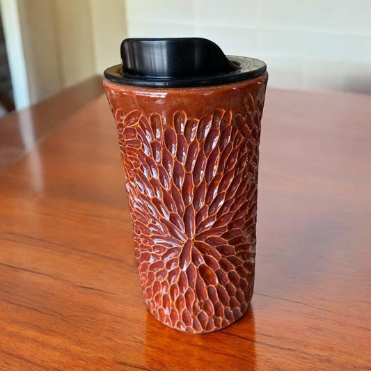 Handmade Hand Carved Burnt Orange Travel Mug - Porcelain -  Travel Coffee Cup -  Travel Mug - Pottery Mug - Coffee Mug