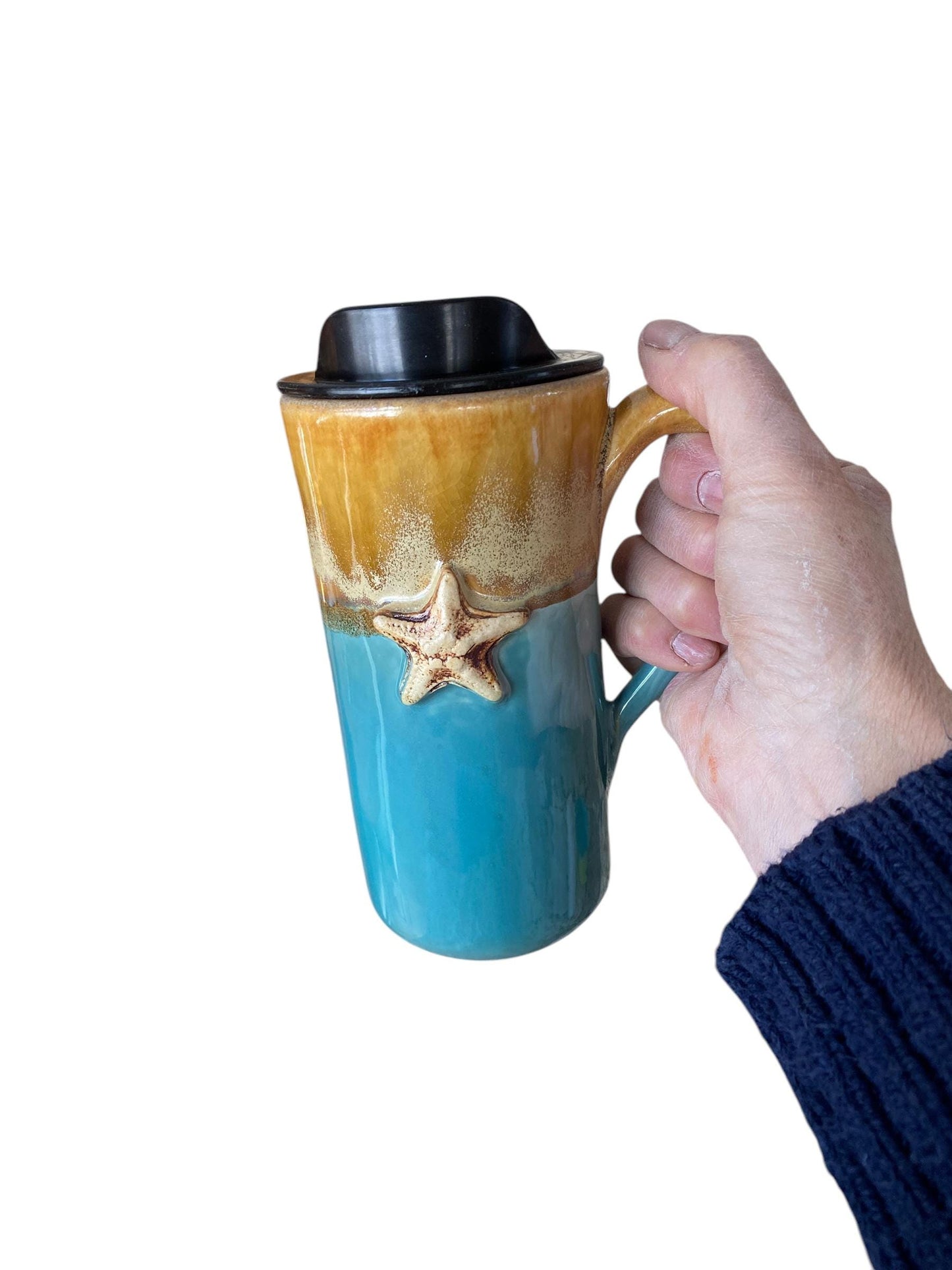 Handmade Beach Starfish Porcelain Travel Mug: Gold Turquoise Glaze