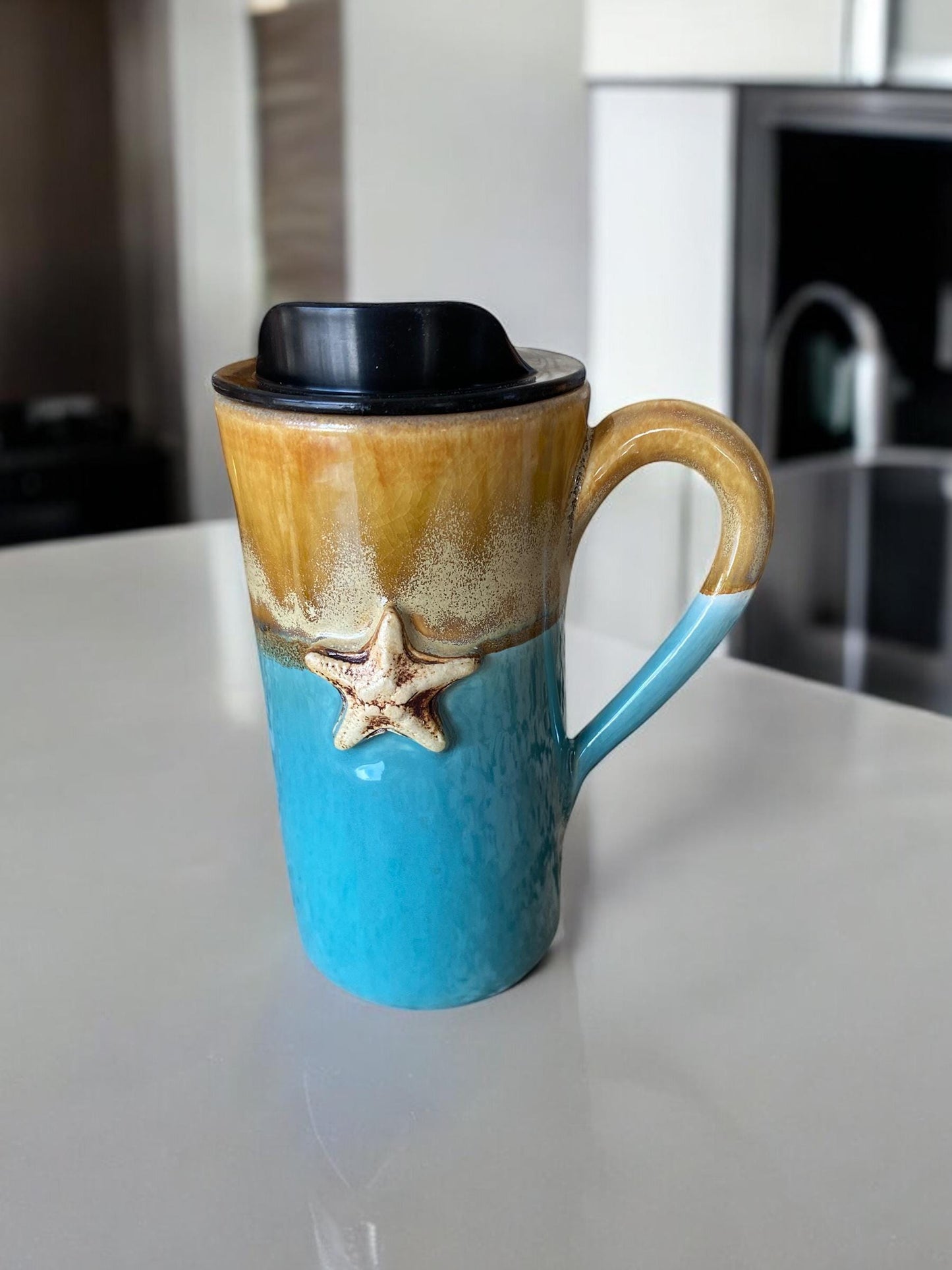 Handmade Beach Starfish Porcelain Travel Mug: Gold Turquoise Glaze