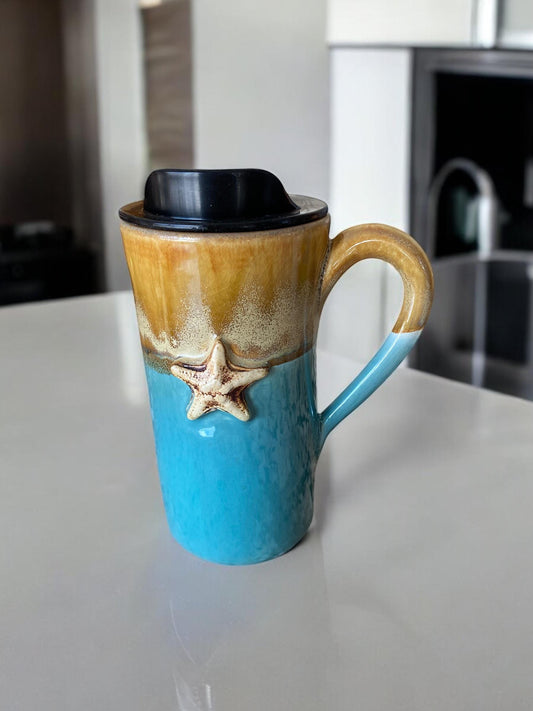 Handmade Beach Starfish Porcelain Travel Mug: Gold Turquoise Glaze