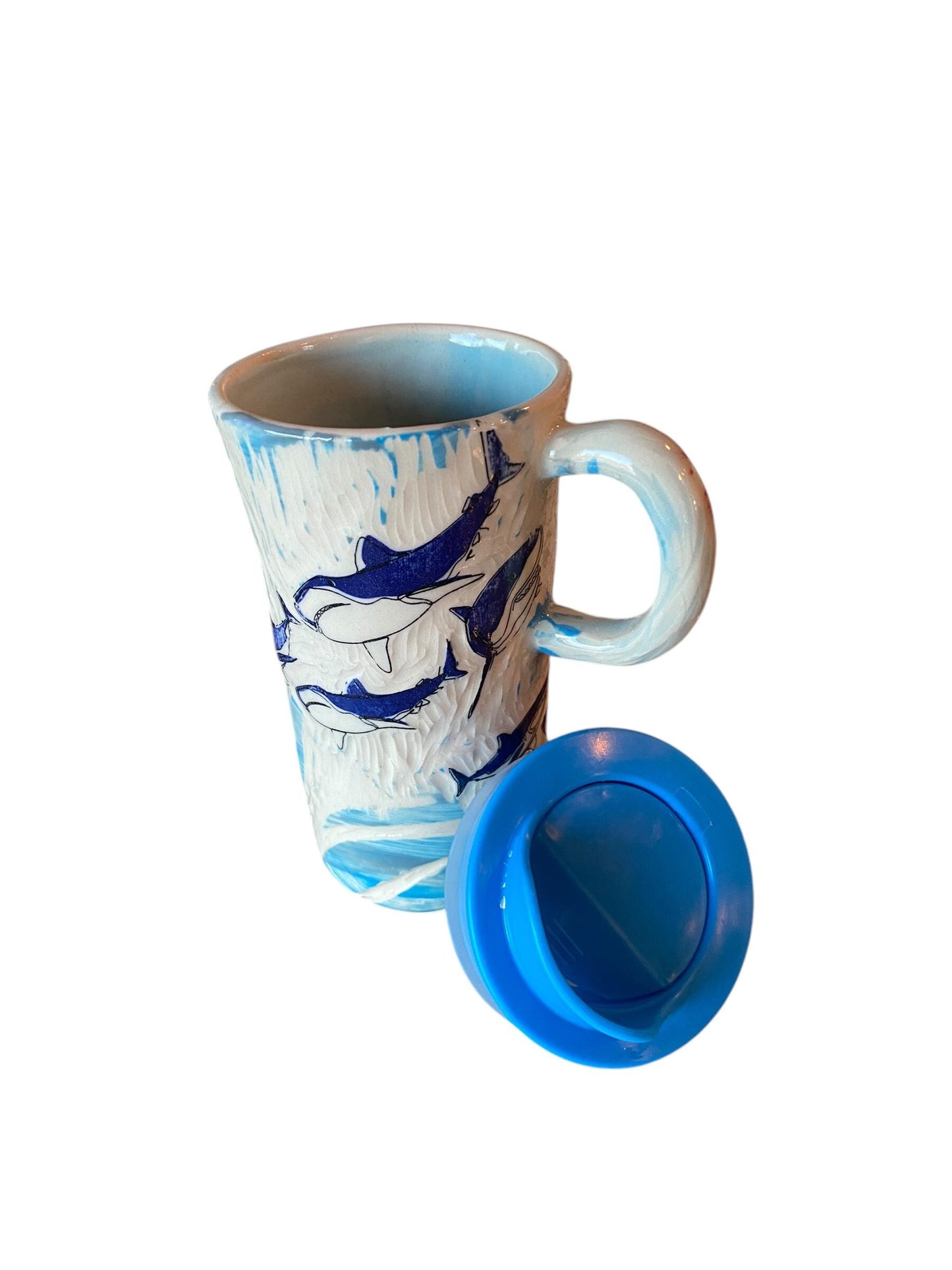Handmade 16 Ounce Carved Shark Themed Travel Mug - Porcelain -  Travel Coffee Cup -  Travel Mug - Pottery Mug - Coffee Mug