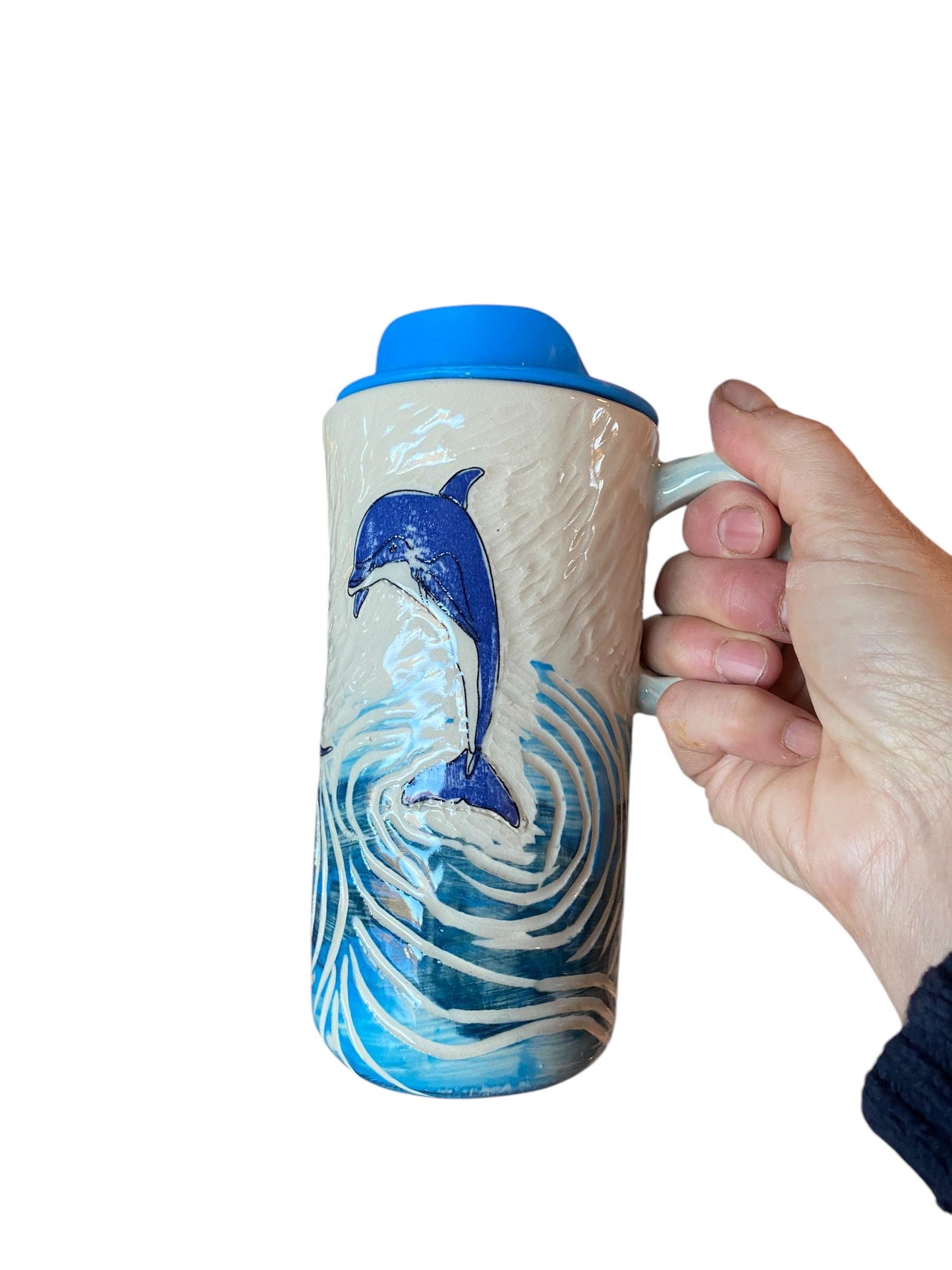 Hand Painted Dolphin Travel Mug: Sgraffito Ceramic Coffee Cup