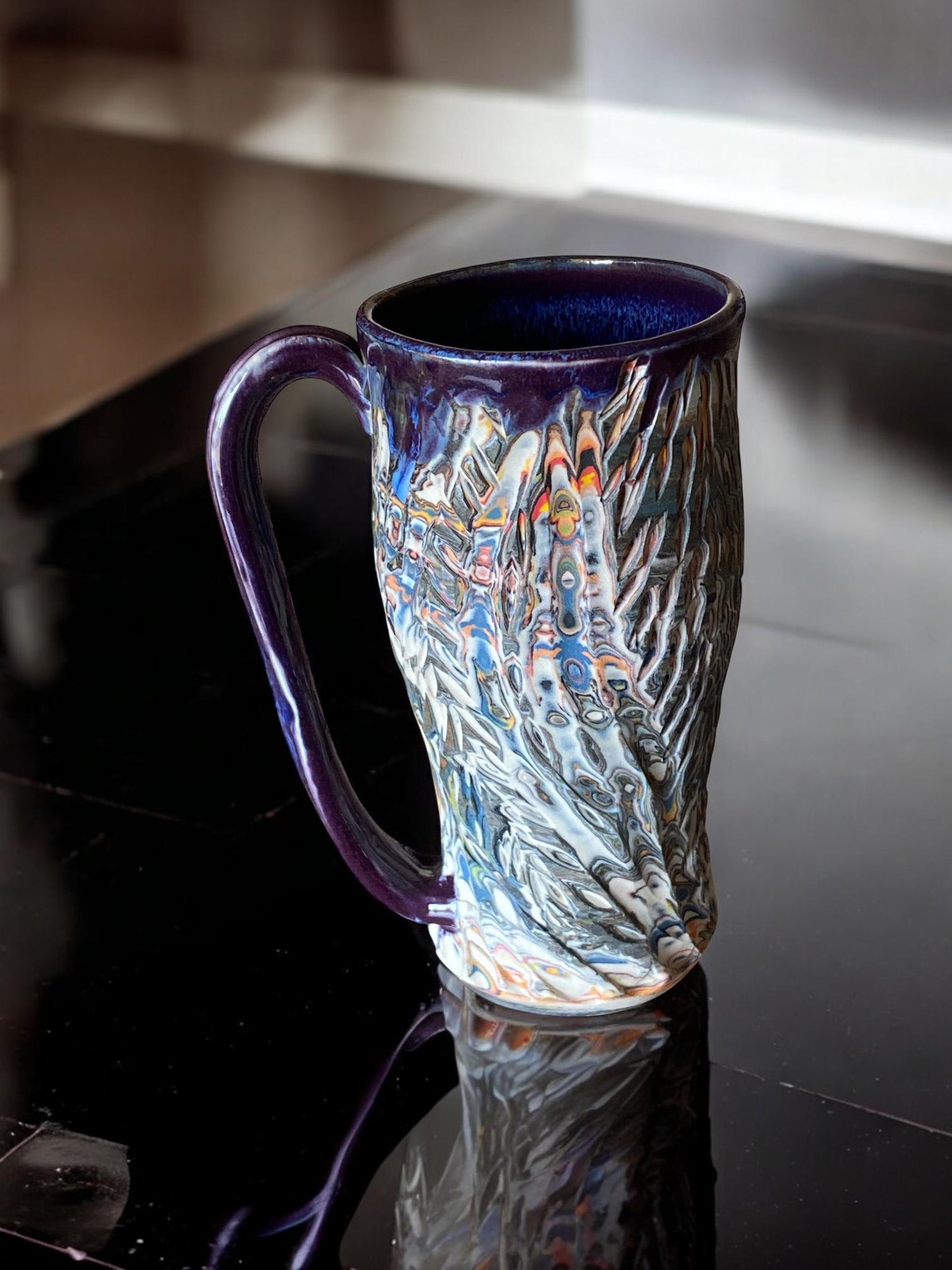 Handmade 16 Ounce Carved Nerikomi Coffee Mug With Rainbow Clay Colors