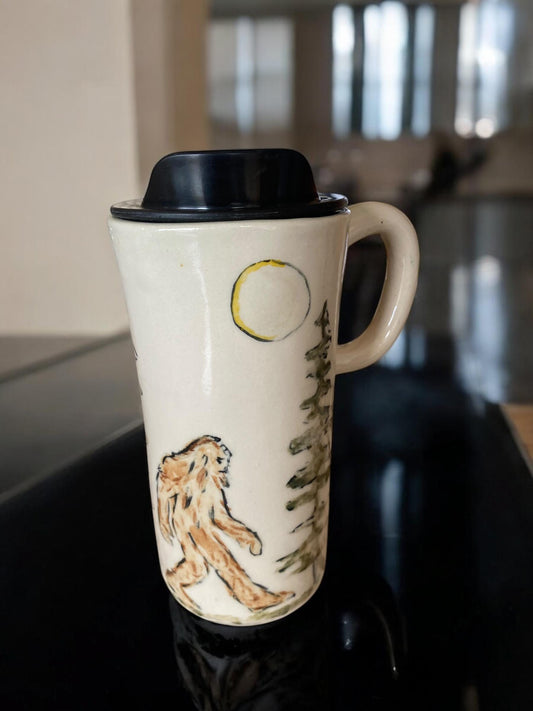 Handmade Hand-Painted Bigfoot Walking Through The Woods Travel Mug- Pottery Mug -  Coffee Mug