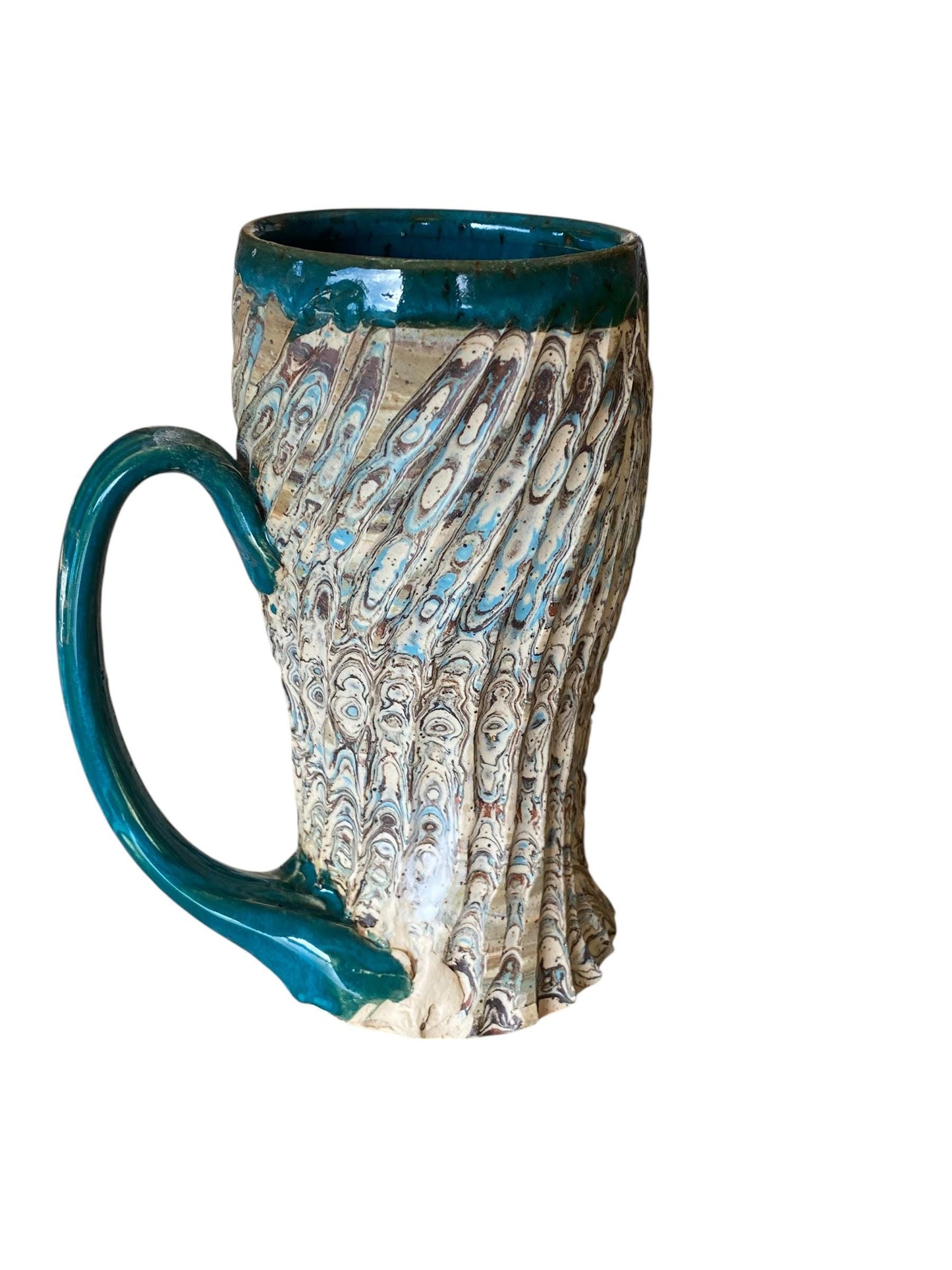 Artisanal Fluted Porcelain Mug: Neriage Swirled Clays, Hand-Carved Satin-Smooth Unglazed Pottery