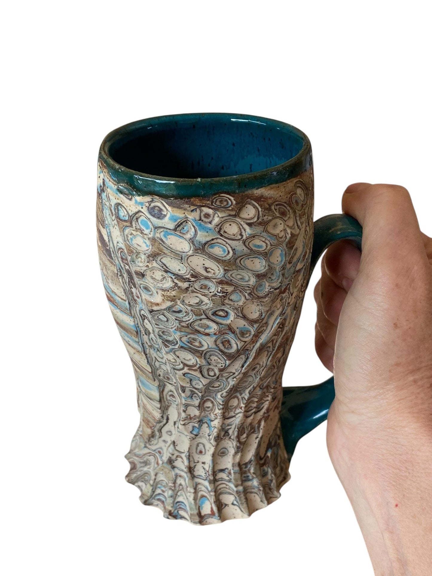 Artisanal Fluted Porcelain Mug: Neriage Swirled Clays, Hand-Carved Satin-Smooth Unglazed Pottery