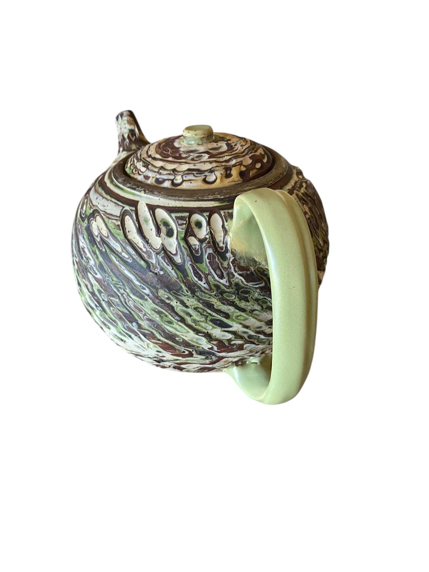 Tea Pot - Green, Brown, White, and Gold Medium Stoneware Teapot