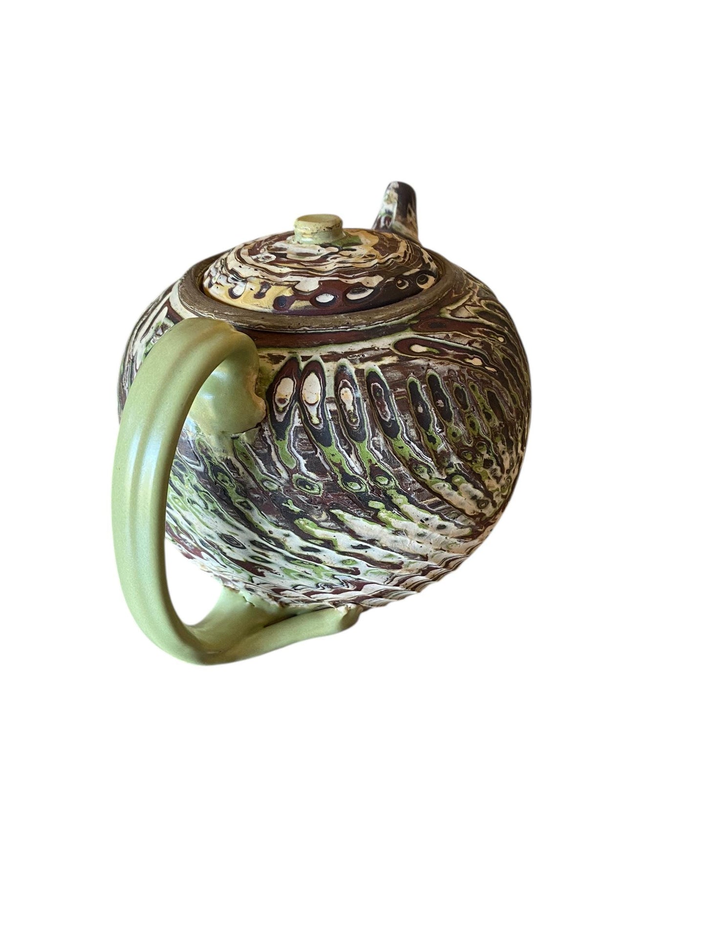Tea Pot - Green, Brown, White, and Gold Medium Stoneware Teapot