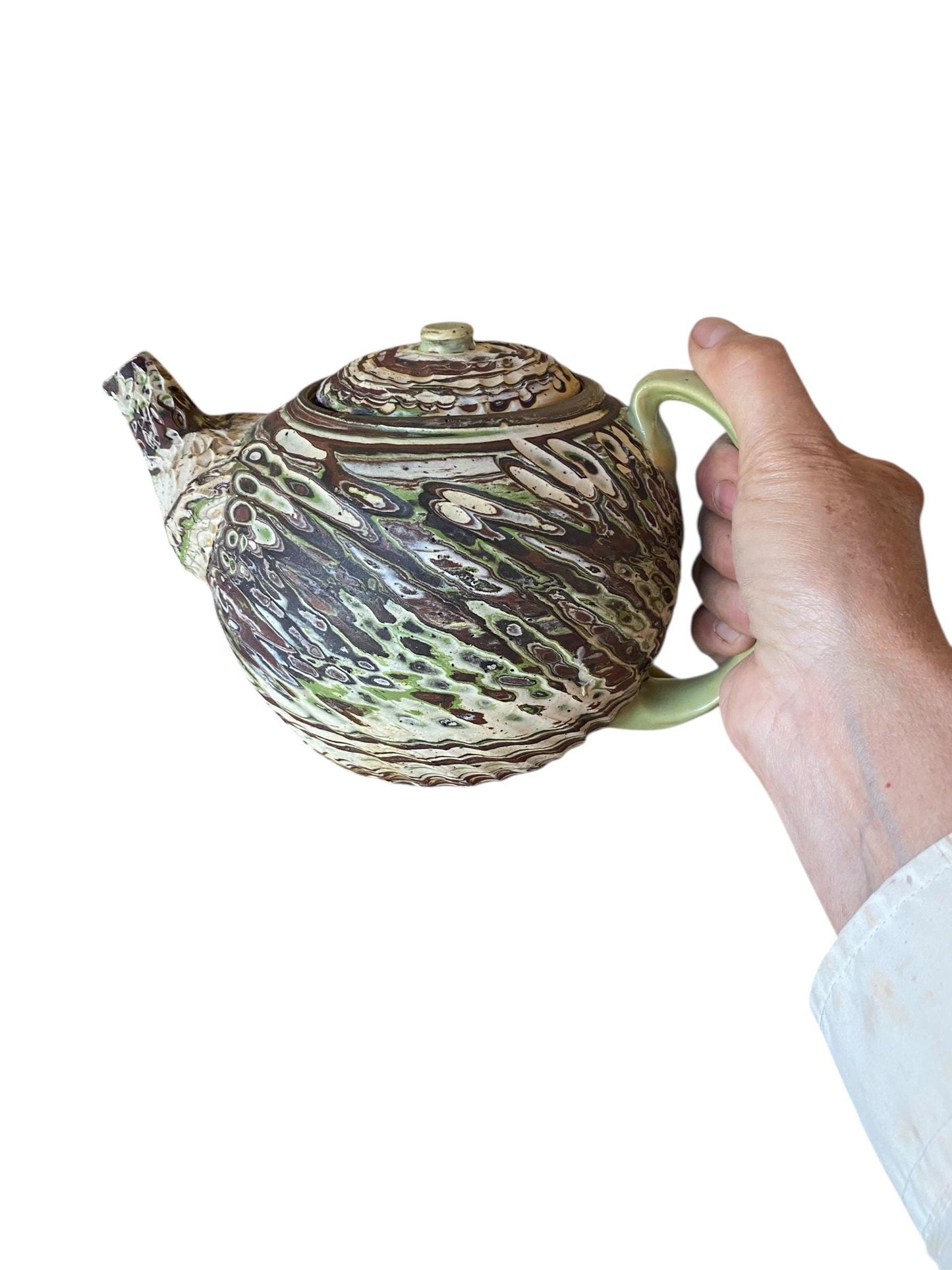 Tea Pot - Green, Brown, White, and Gold Medium Stoneware Teapot