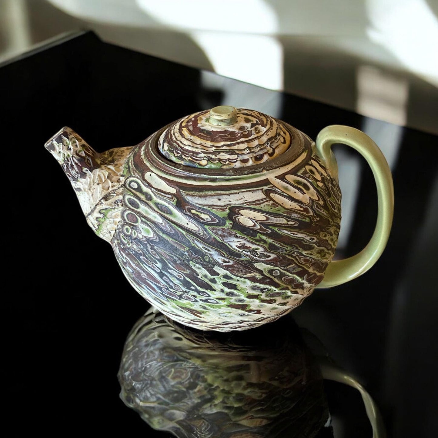 Tea Pot - Green, Brown, White, and Gold Medium Stoneware Teapot