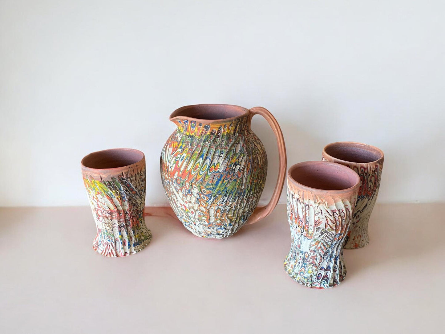 Large Agateware Carved Pitcher - Nerikomi Margarita Pitcher