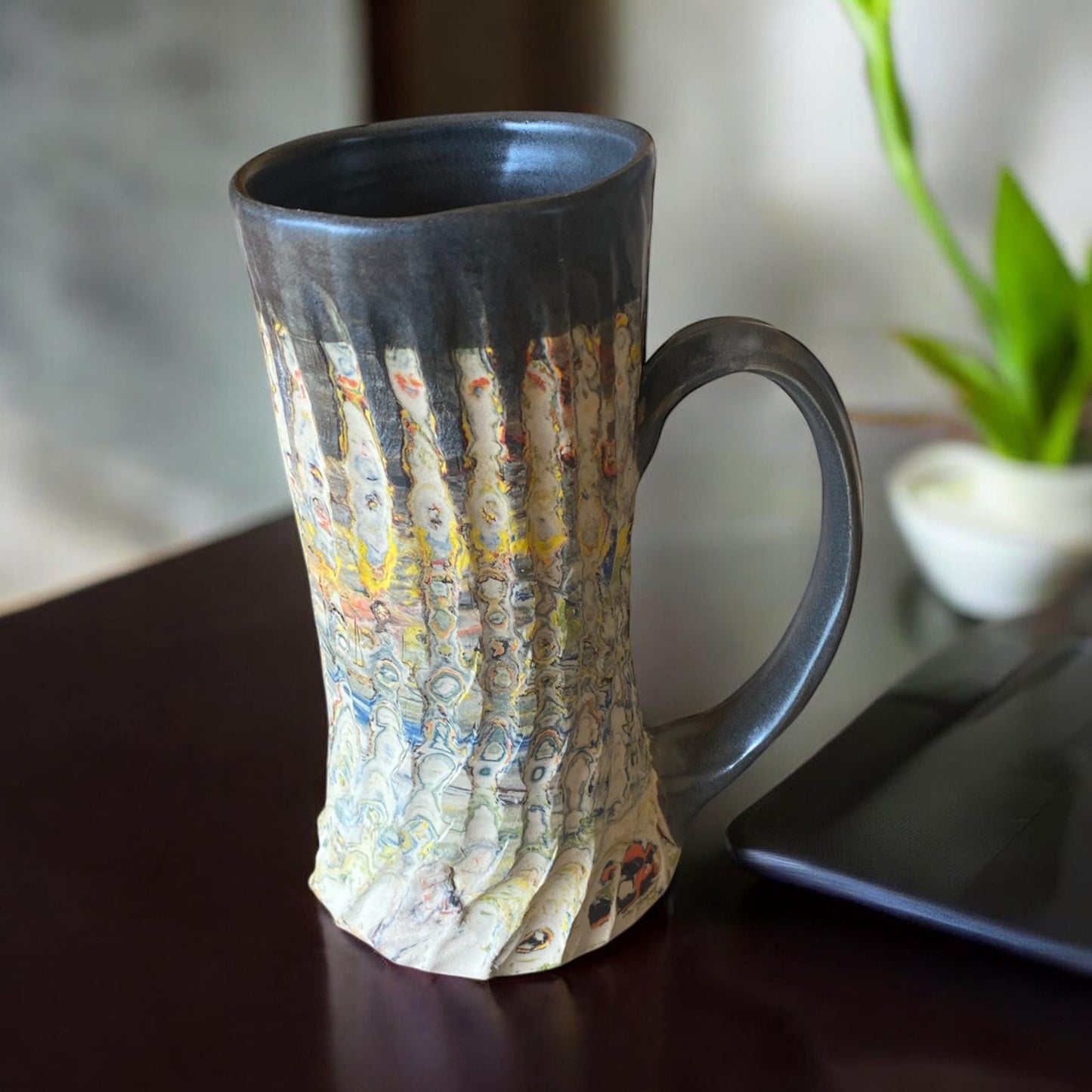 Handcrafted 17 Ounce Japanese Neriage Porcelain Mug: Fluted Pottery Cup for Tea or Coffee (C5)