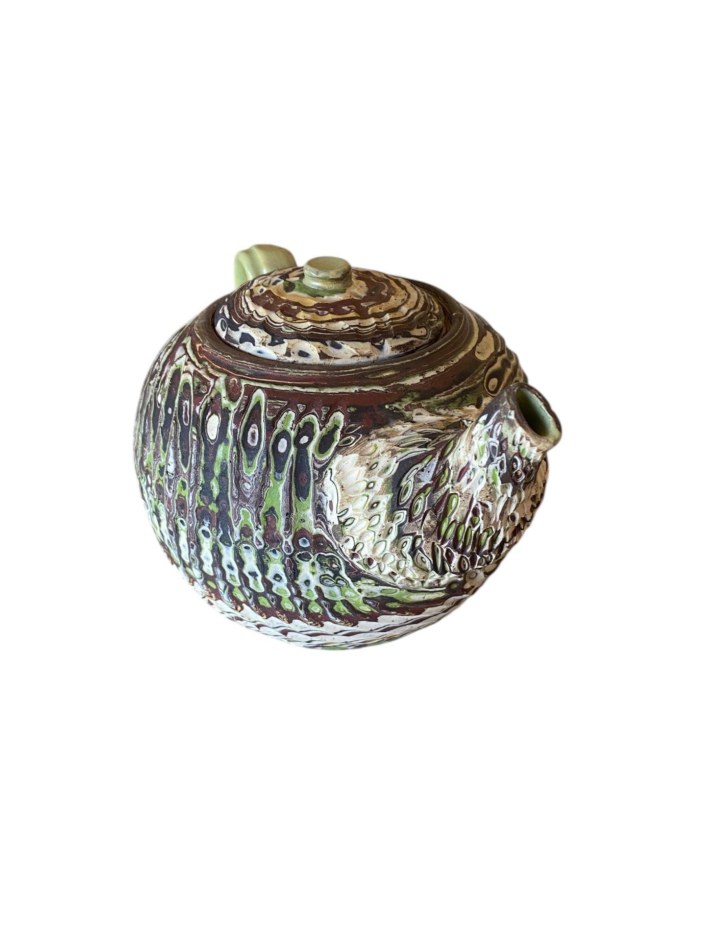 Tea Pot - Green, Brown, White, and Gold Medium Stoneware Teapot