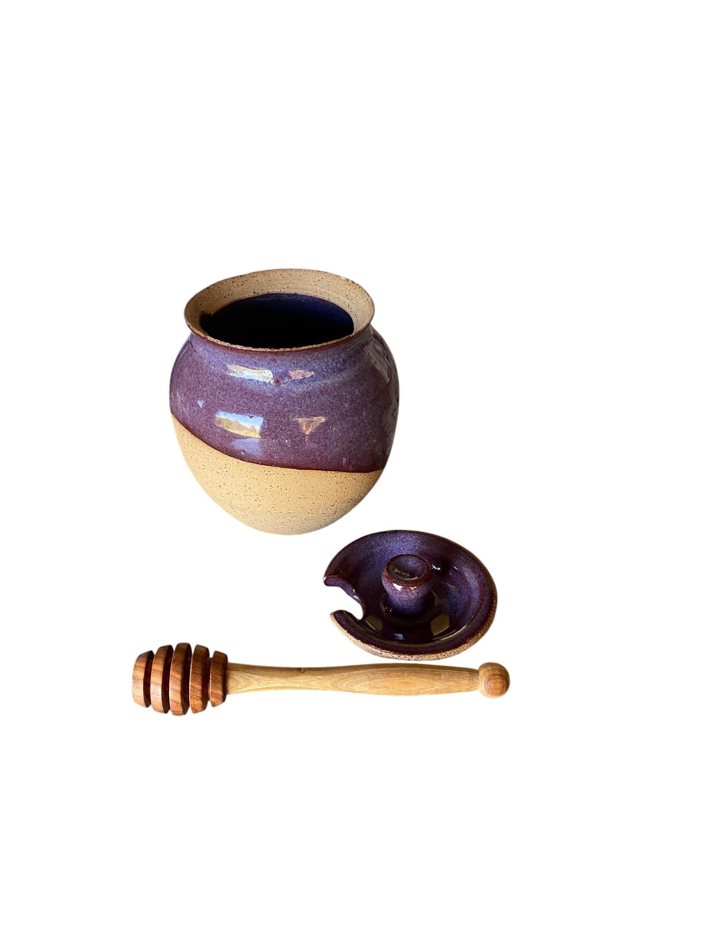 Handmade Stoneware Honey Pot with Wooden Dipper - Rustic Kitchen Decor