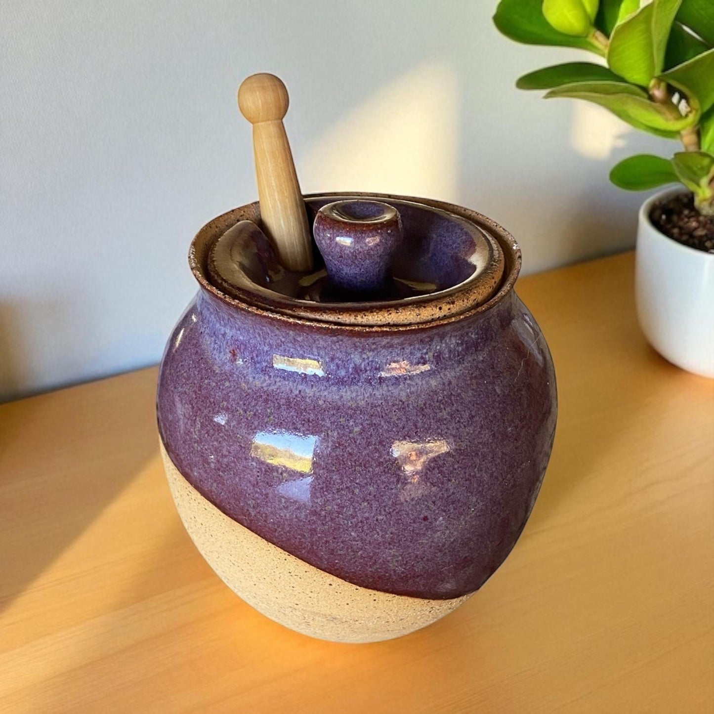 Handmade Stoneware Honey Pot with Wooden Dipper - Rustic Kitchen Decor