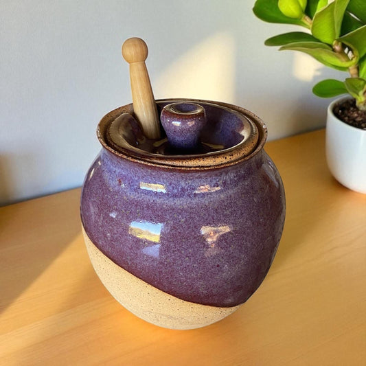 Handmade Stoneware Honey Pot with Wooden Dipper | Rustic Ceramic Kitchen Decor Gift