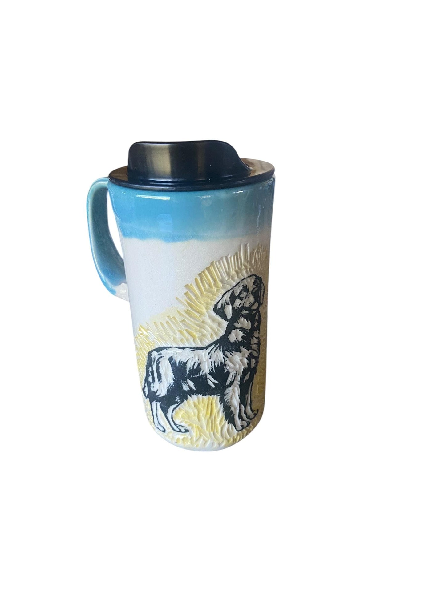 Handmade Golden Retriever Travel Mug: Sgraffito Ceramic Coffee Cup with Lid