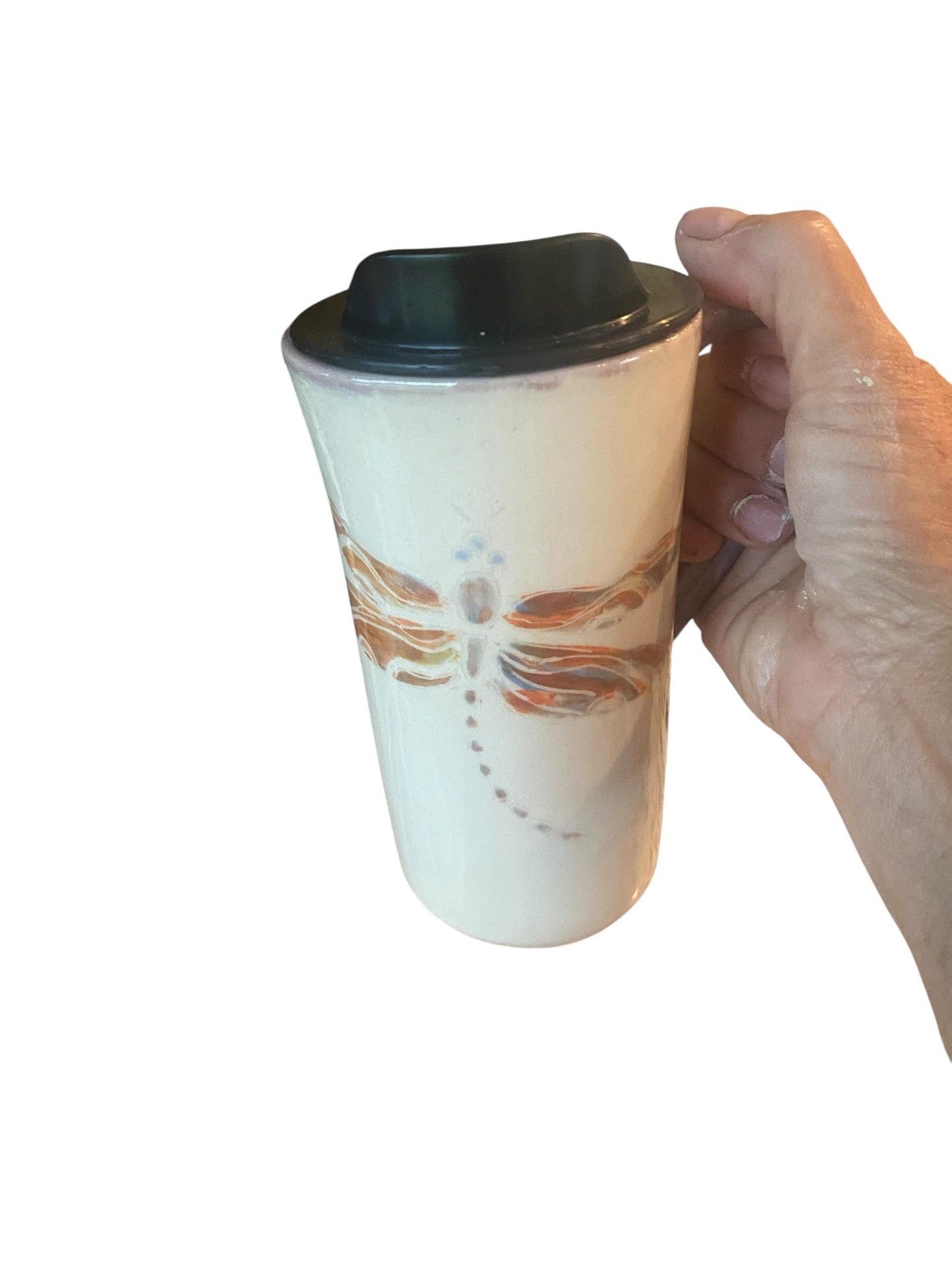Handmade Porcelain Travel Mug: Carved Dragonfly Design, Locking Lid