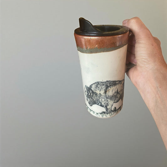 16oz Speaking Bunny & Buffalo Travel Mug - Handmade Stoneware Coffee Cup 'What's up doc?'