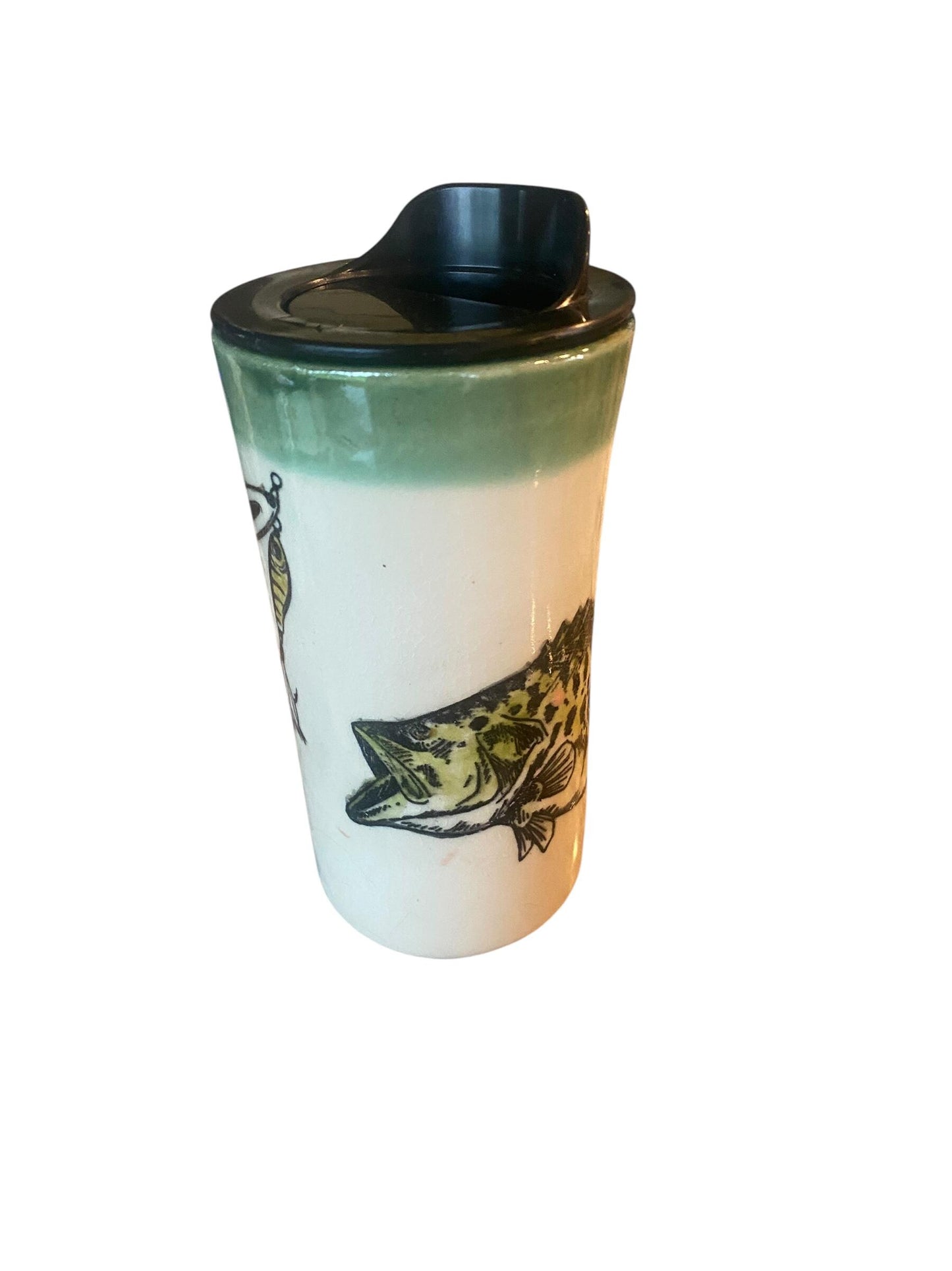 Handmade Ceramic Travel Mug: Bass Fishing Gift - Wide Mouth Functional Art Pottery with Locking Lid