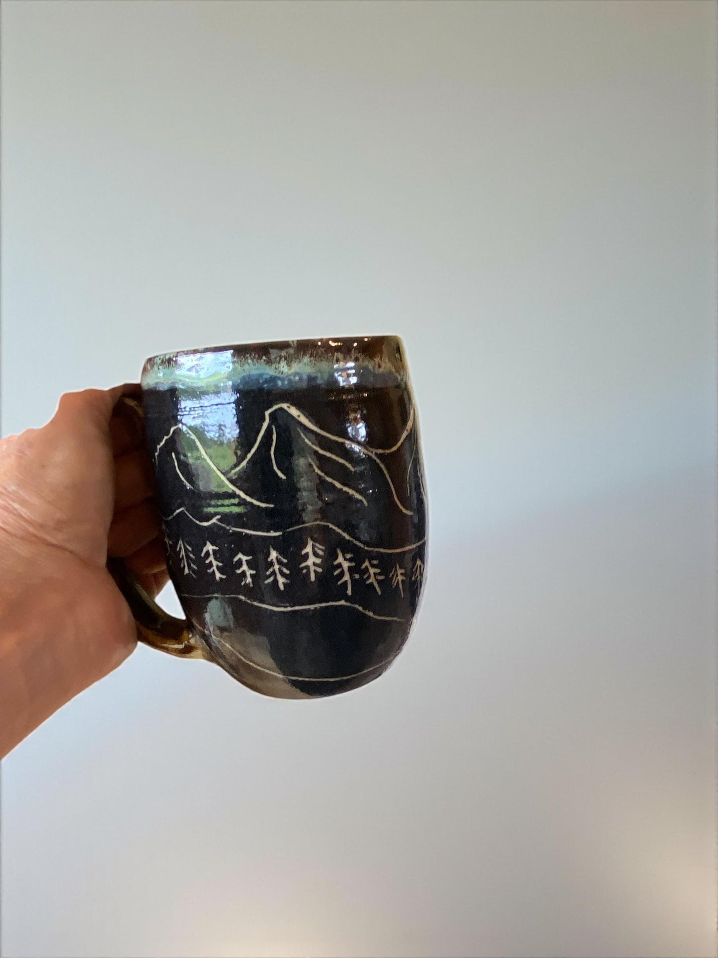 Handmade Sgraffito Mountain Mug: Carved Stoneware Coffee Cup