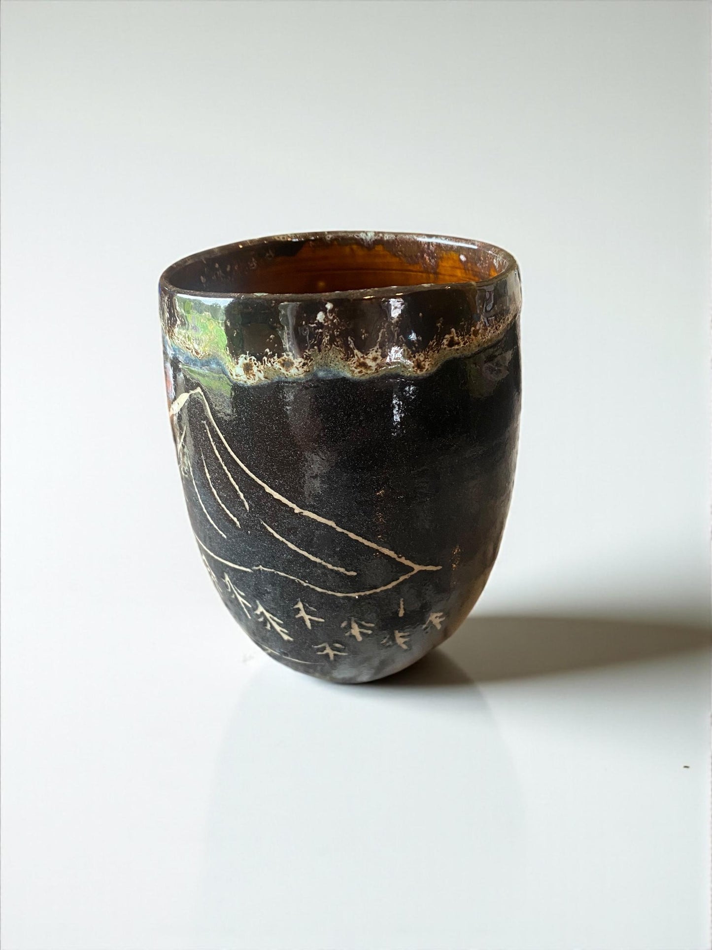 Handmade Sgraffito Mountain Mug: Carved Stoneware Coffee Cup