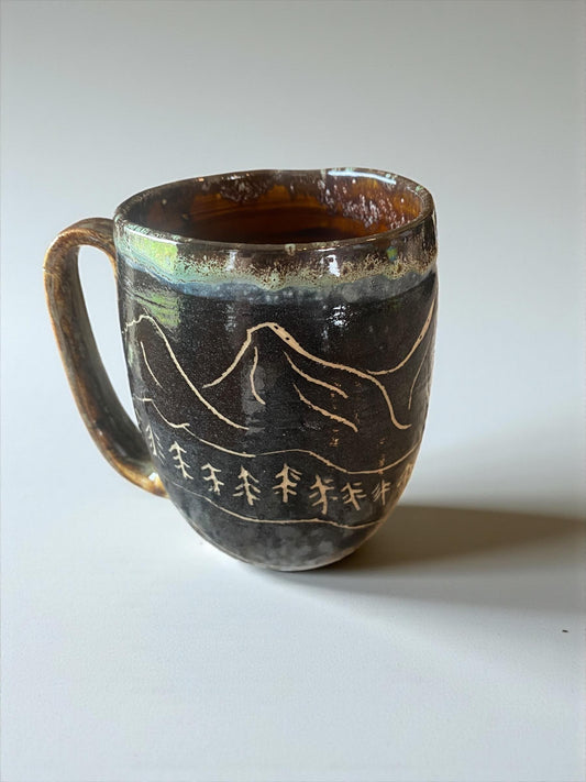 Handmade Sgraffito Mountain Mug: Carved Stoneware Coffee Cup