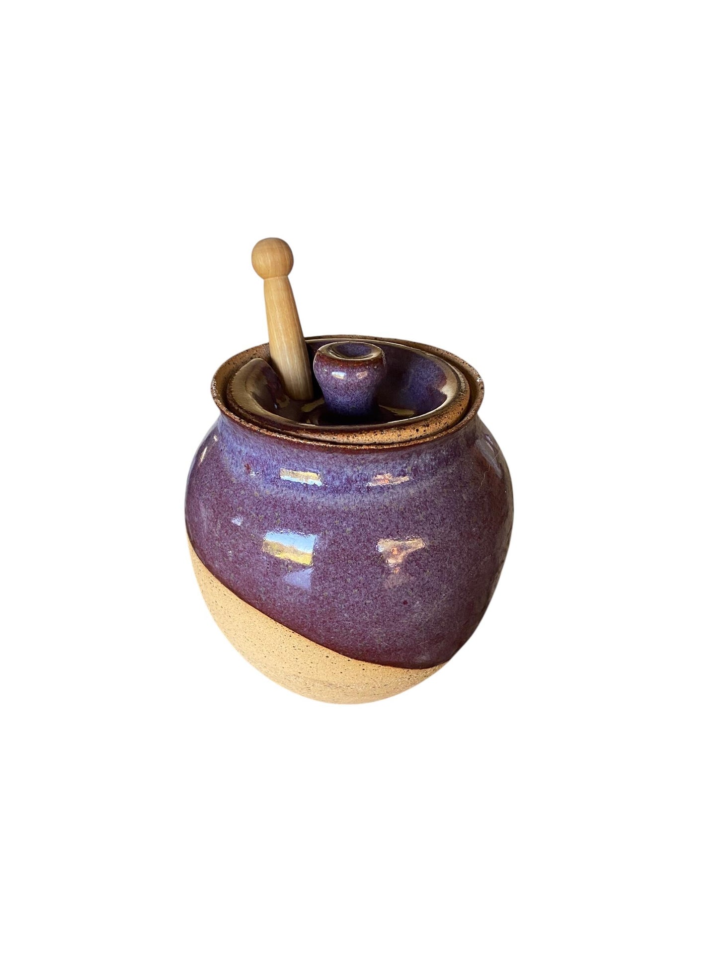 Handmade Stoneware Honey Pot with Wooden Dipper - Rustic Kitchen Decor