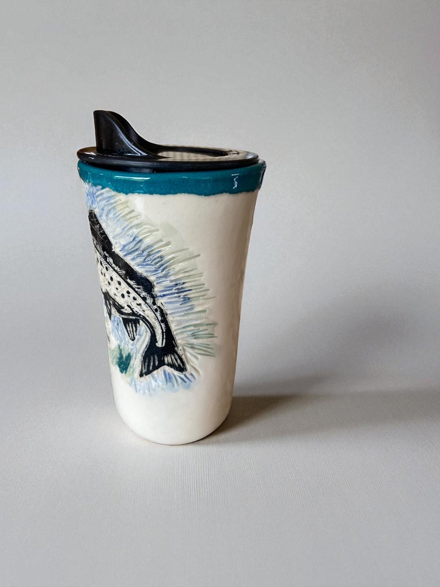 Artisanal Carved Trout Porcelain Travel Mug: 16oz Handmade Stoneware Coffee Cup for Fishing Enthusiasts
