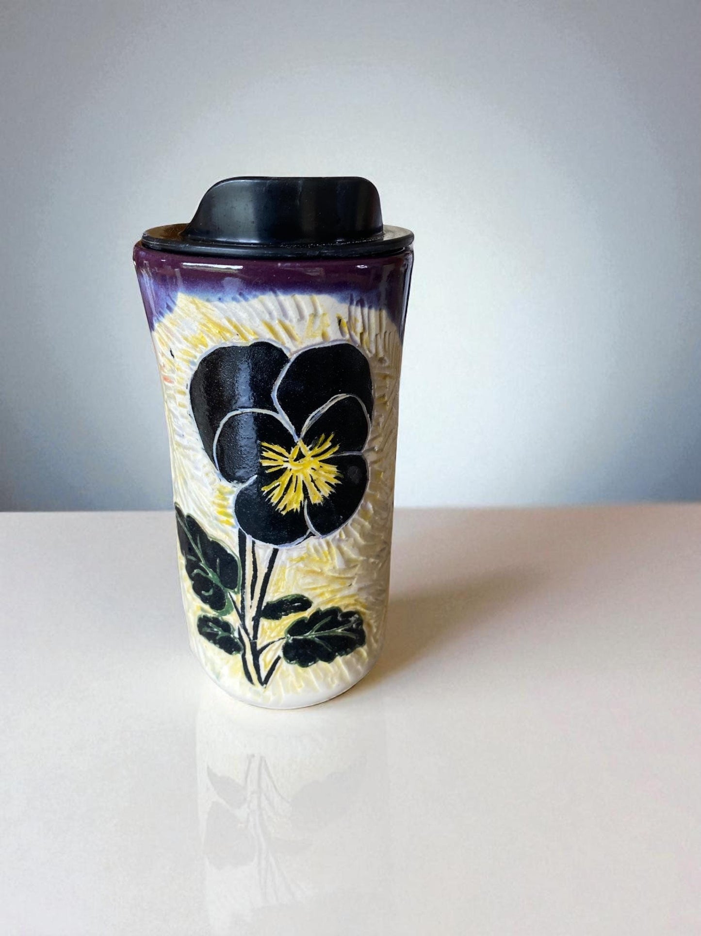 Handmade Porcelain Travel Mug: Carved Pansy Design, Locking Lid