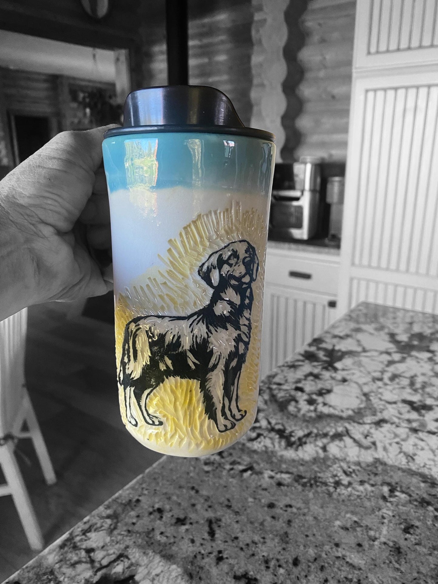 Handmade Golden Retriever Travel Mug: Sgraffito Ceramic Coffee Cup with Lid