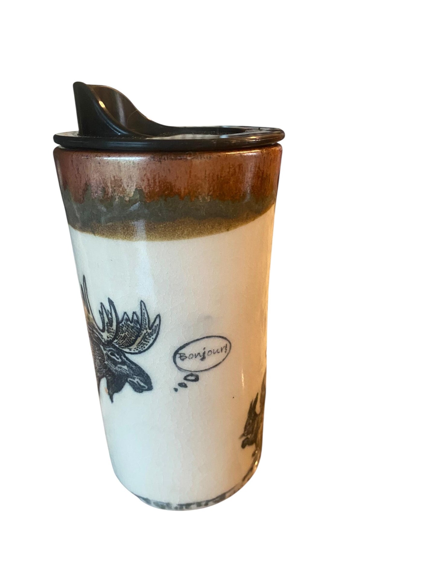 16oz French-Speaking Moose & Squirrel Ceramic Travel Mug - Handmade Stoneware Commuter Cup