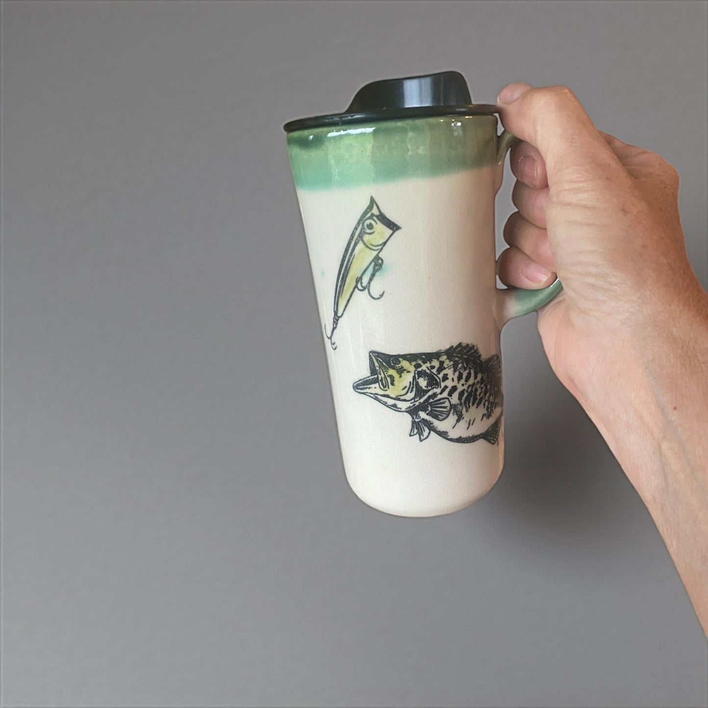 Handmade Ceramic Travel Mug: Bass Fishing Gift - Wide Mouth Functional Art Pottery with Locking Lid