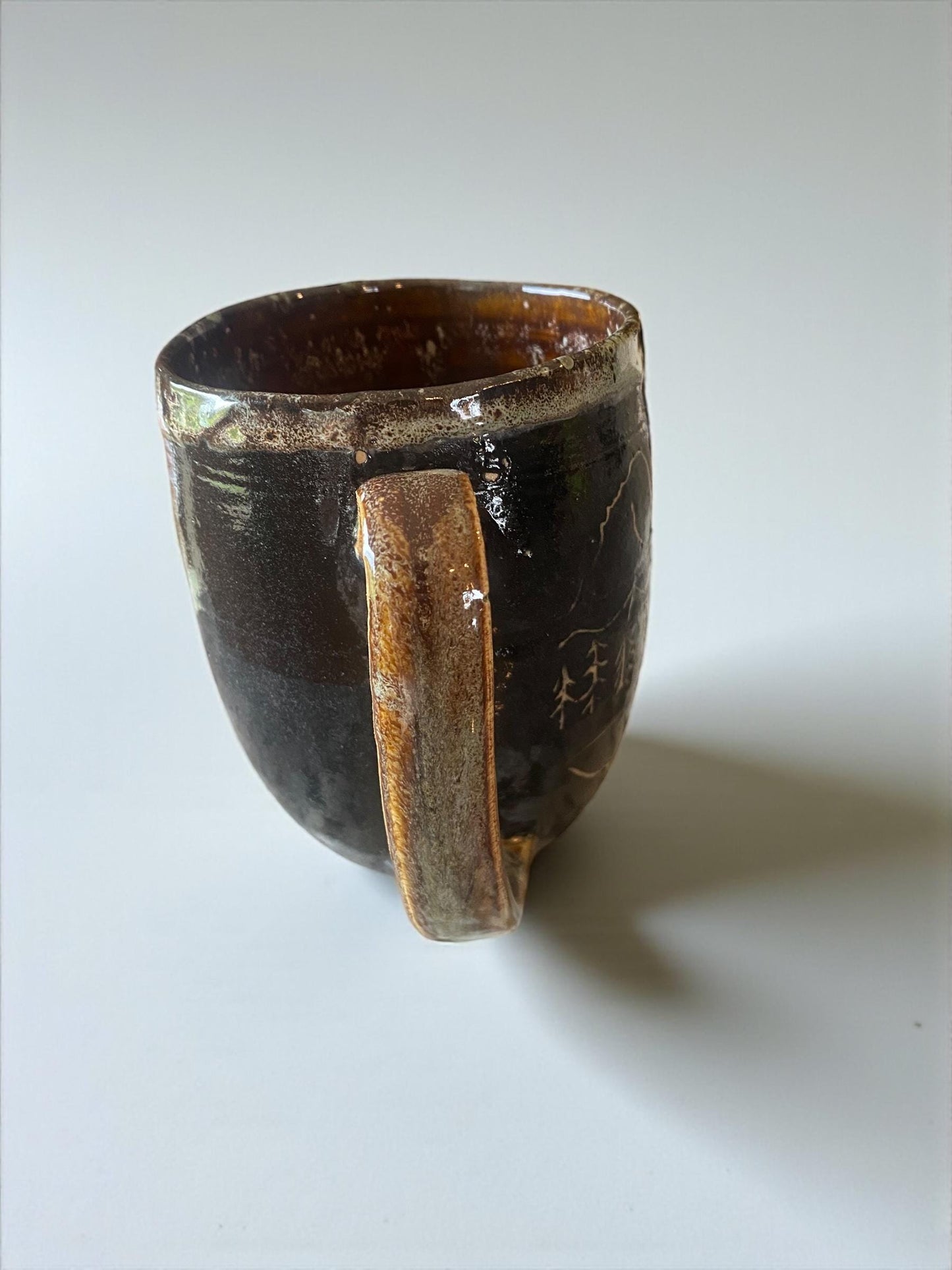 Handmade Sgraffito Mountain Mug: Carved Stoneware Coffee Cup