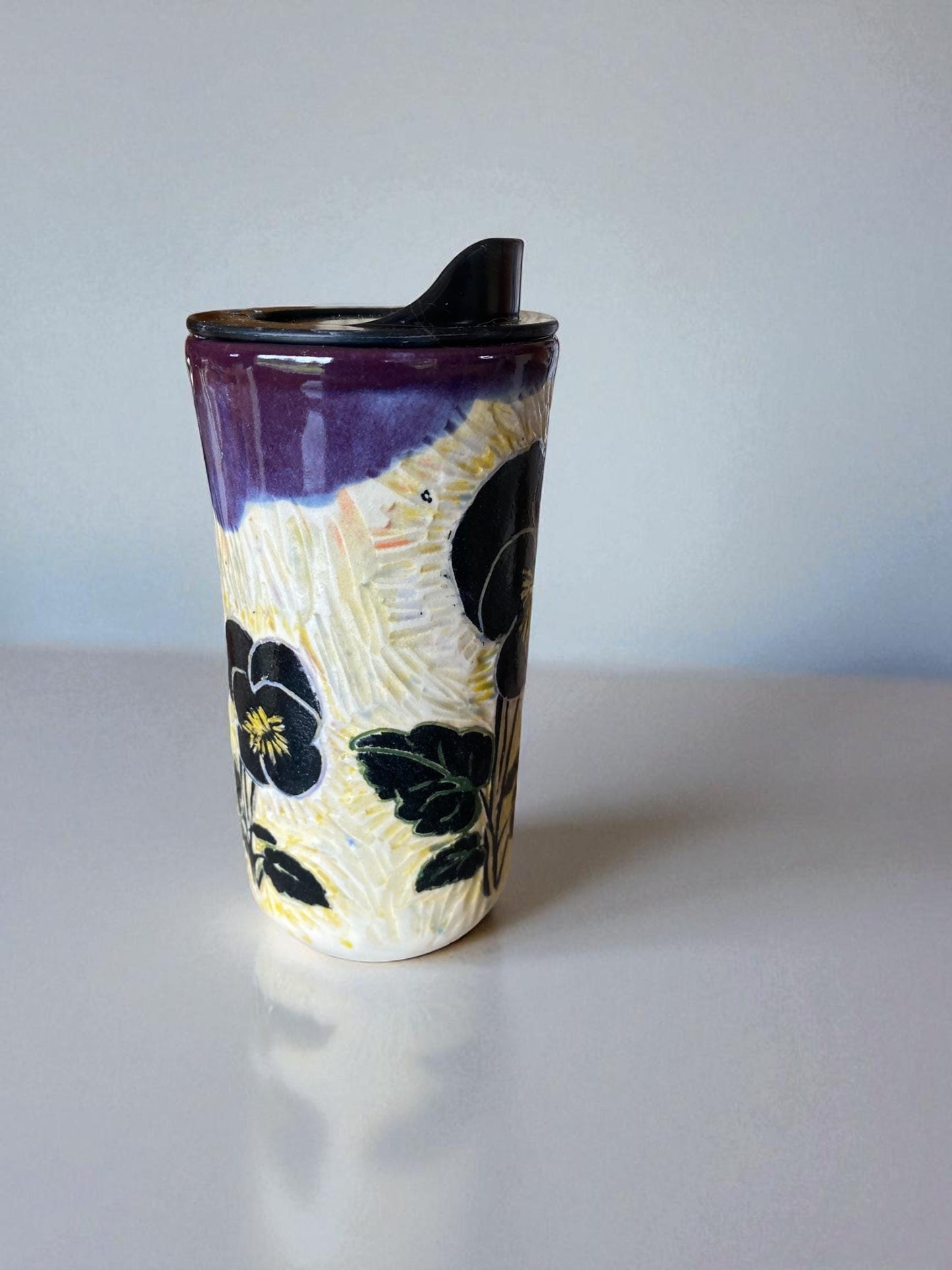 Handmade Porcelain Travel Mug: Carved Pansy Design, Locking Lid