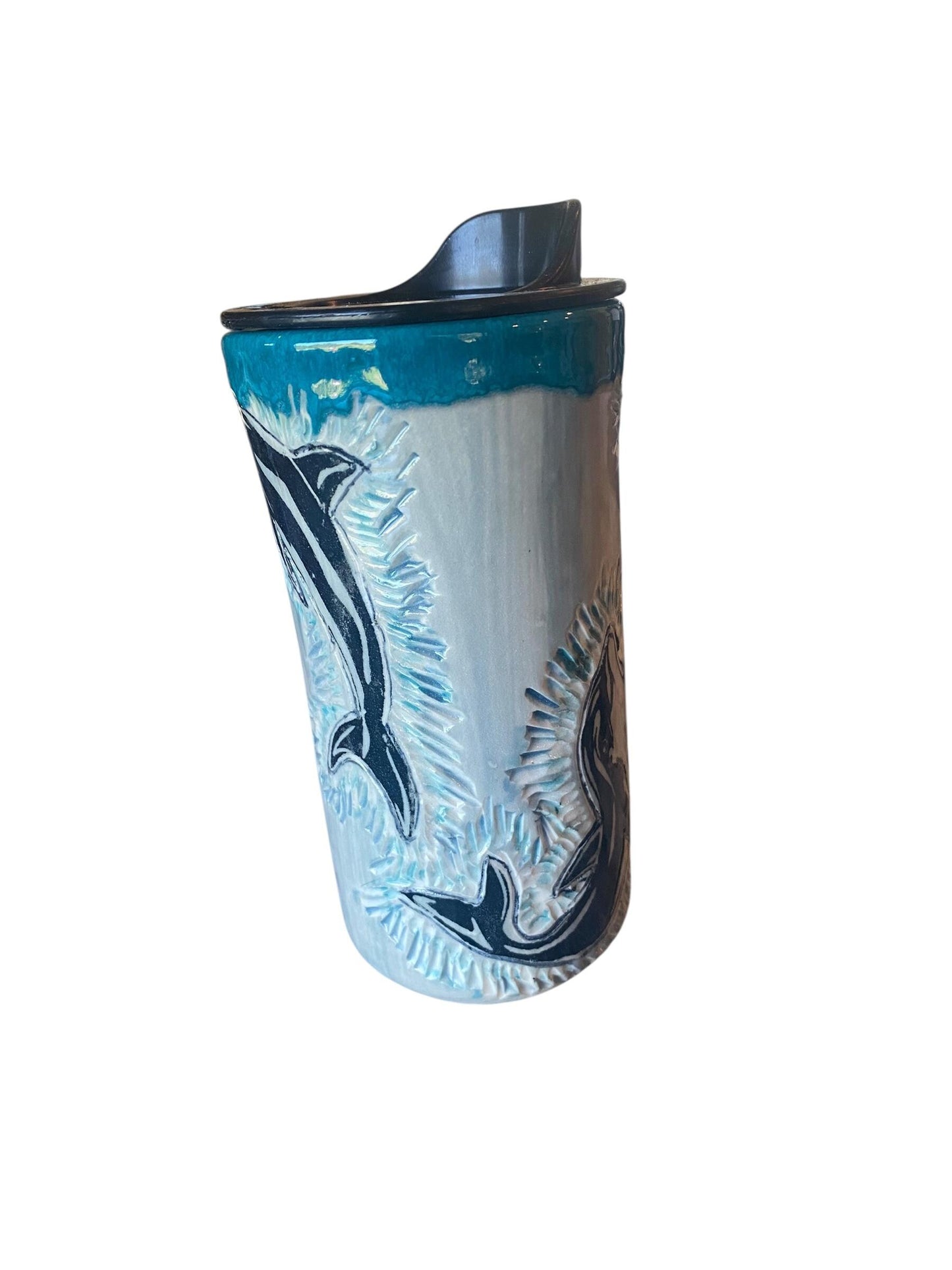 Handcrafted Stoneware Dolphin Travel Mug: Unique Ceramic Coffee Cup for Ocean Lovers and Commuters