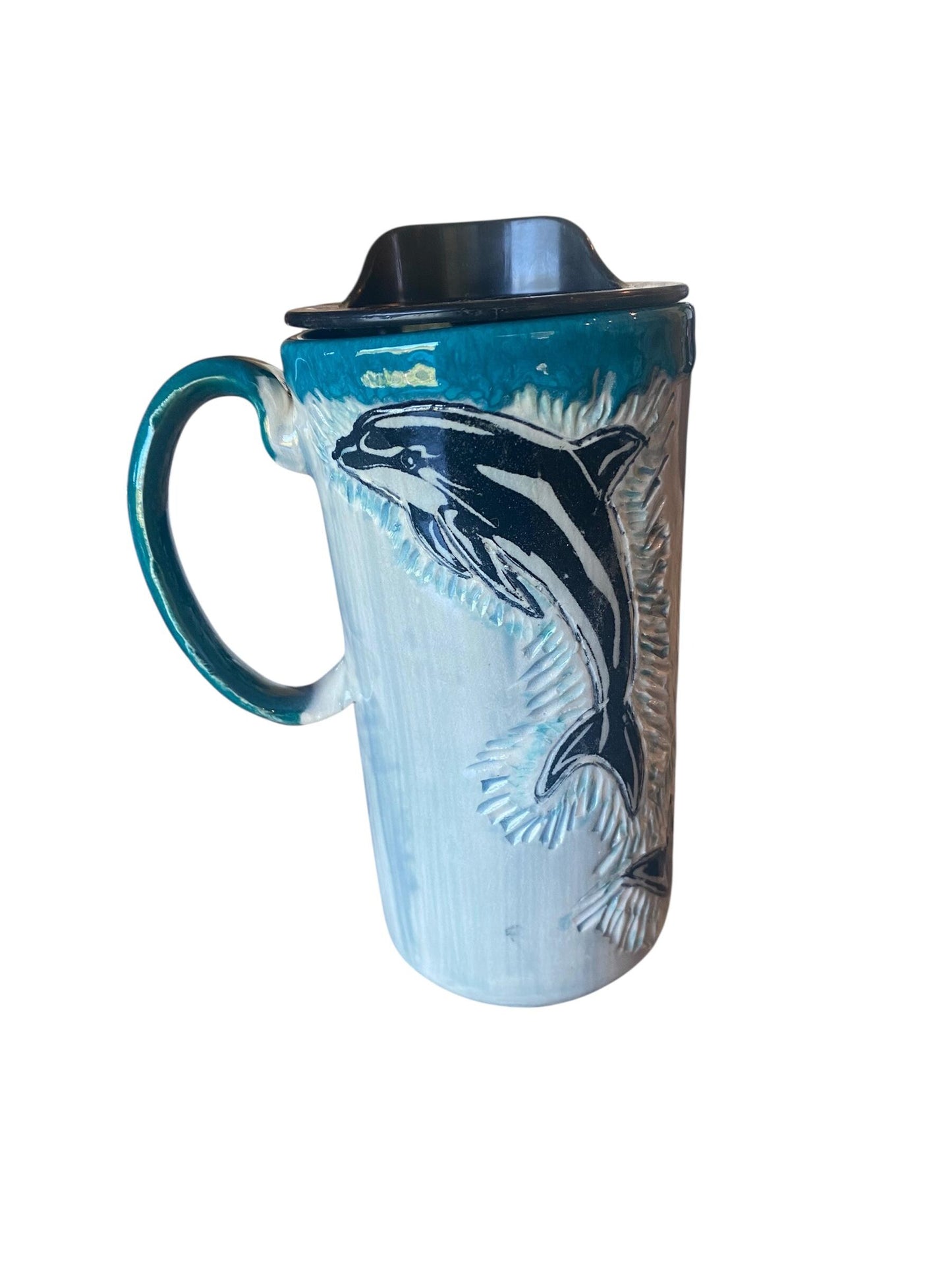 Handcrafted Stoneware Dolphin Travel Mug: Unique Ceramic Coffee Cup for Ocean Lovers and Commuters