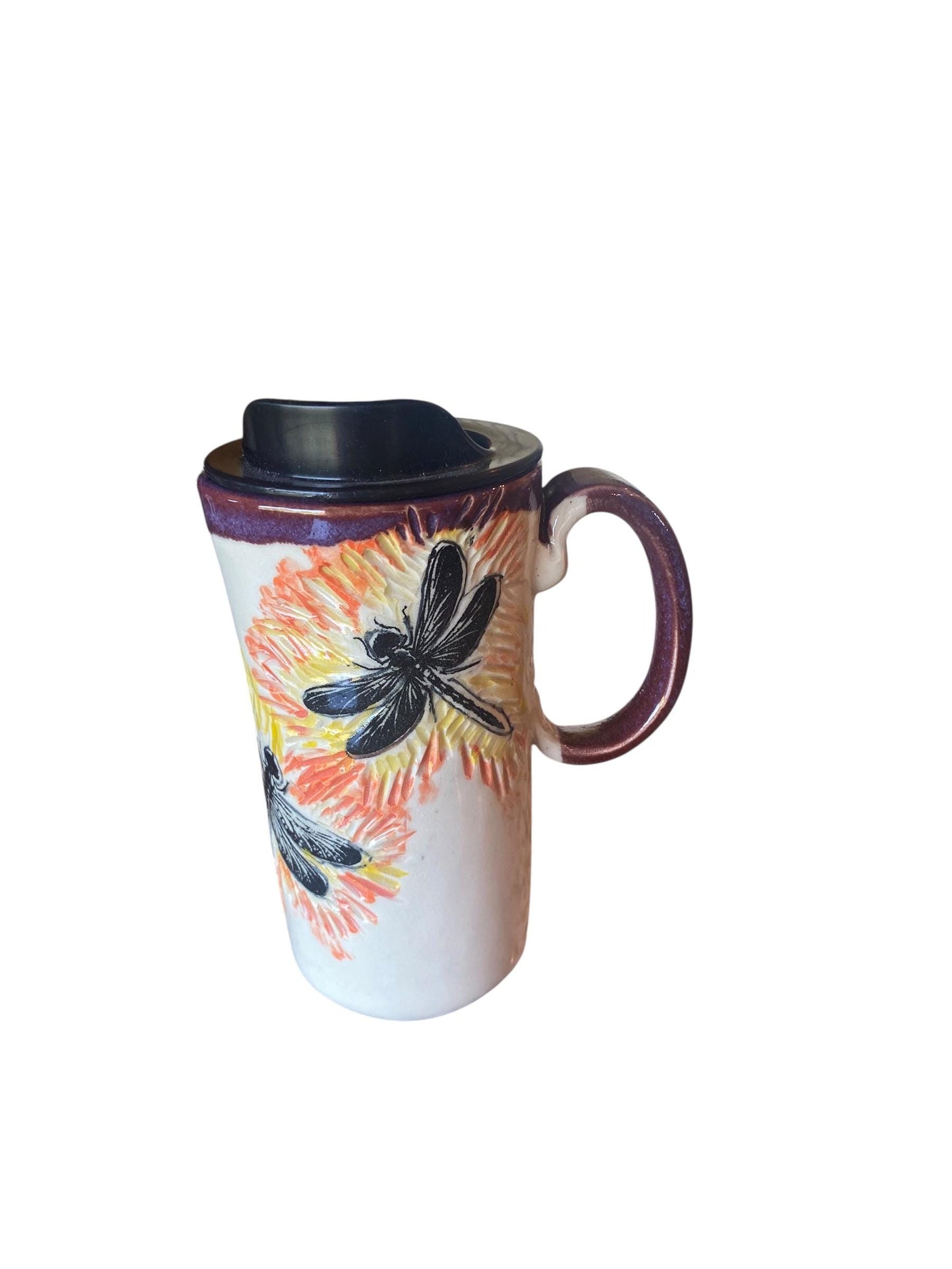 Artisanal Dragonfly Porcelain Travel Mug: Hand-Carved Coffee Cup with Lid for Commuters