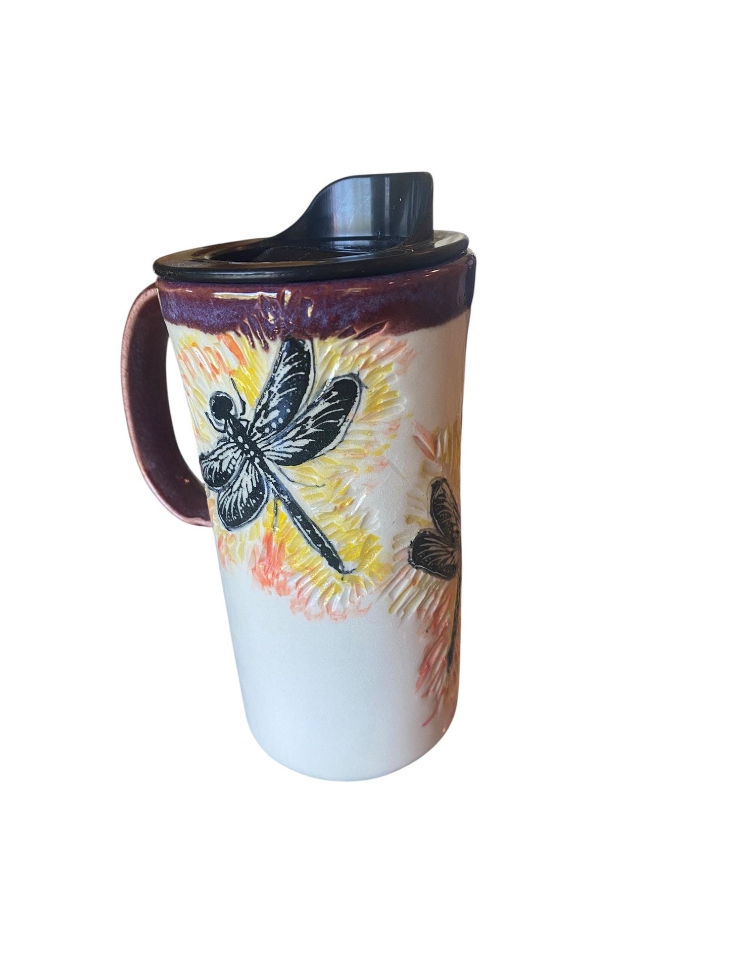 Artisanal Dragonfly Porcelain Travel Mug: Hand-Carved Coffee Cup with Lid for Commuters