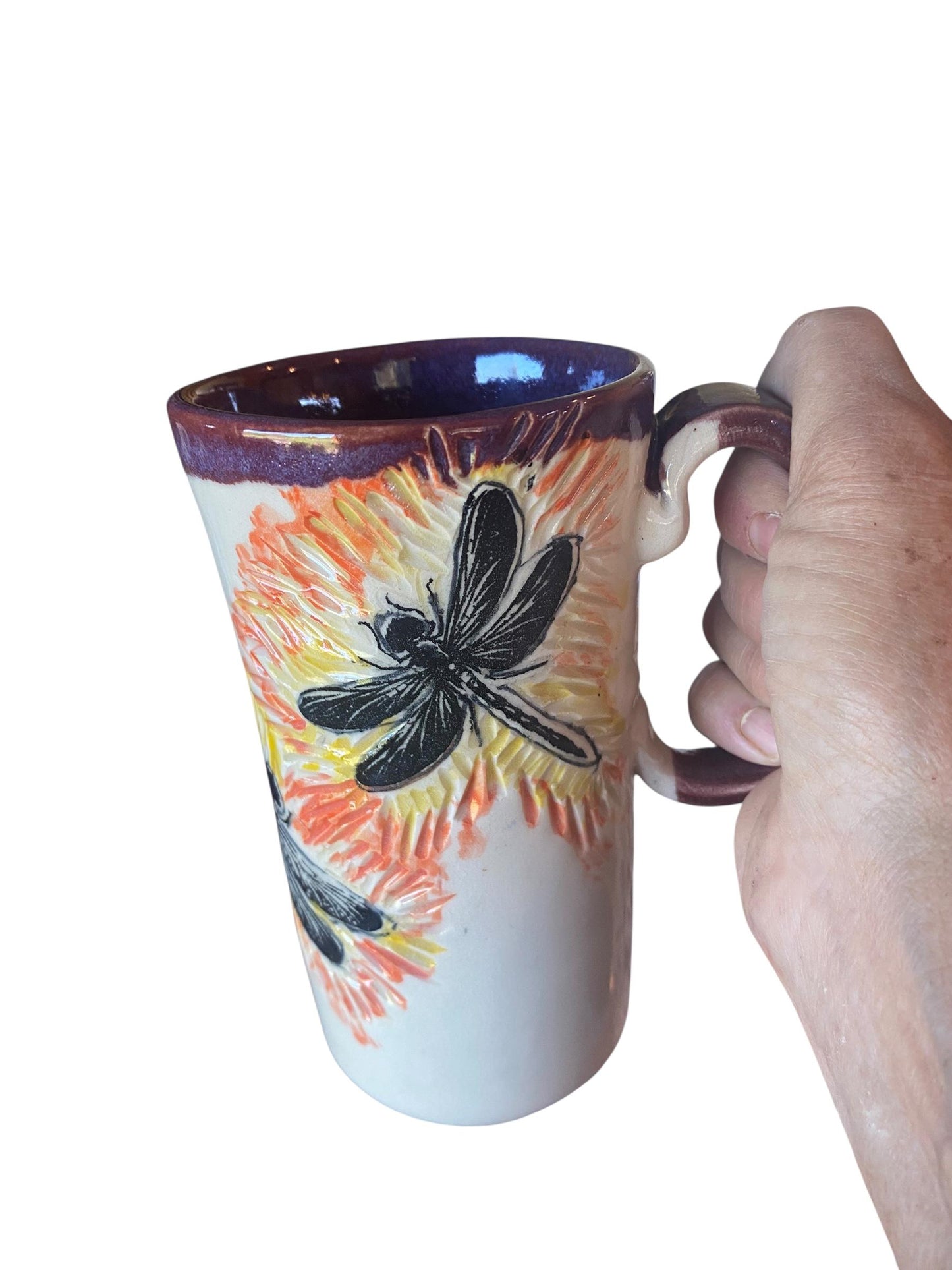 Artisanal Dragonfly Porcelain Travel Mug: Hand-Carved Coffee Cup with Lid for Commuters