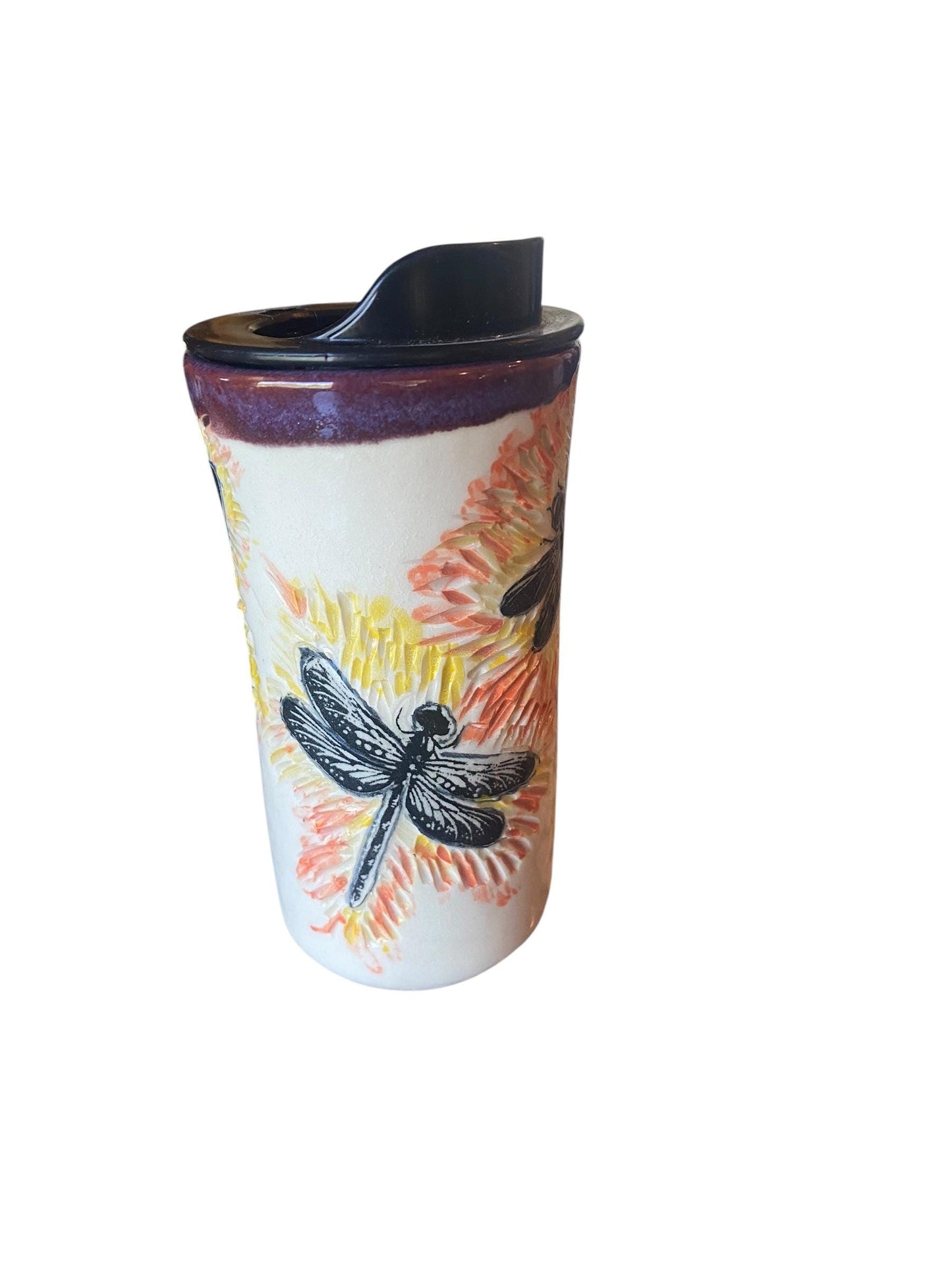 Artisanal Dragonfly Porcelain Travel Mug: Hand-Carved Coffee Cup with Lid for Commuters