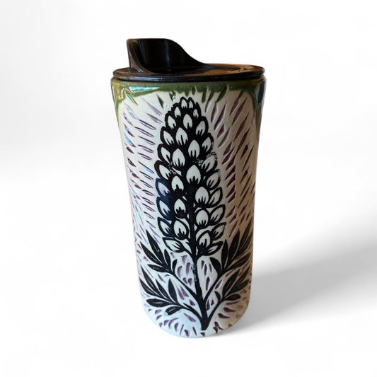 Handcrafted Lupine Porcelain Travel Mug: Carved Stoneware, Leakproof Lid, Nature-Inspired Gift